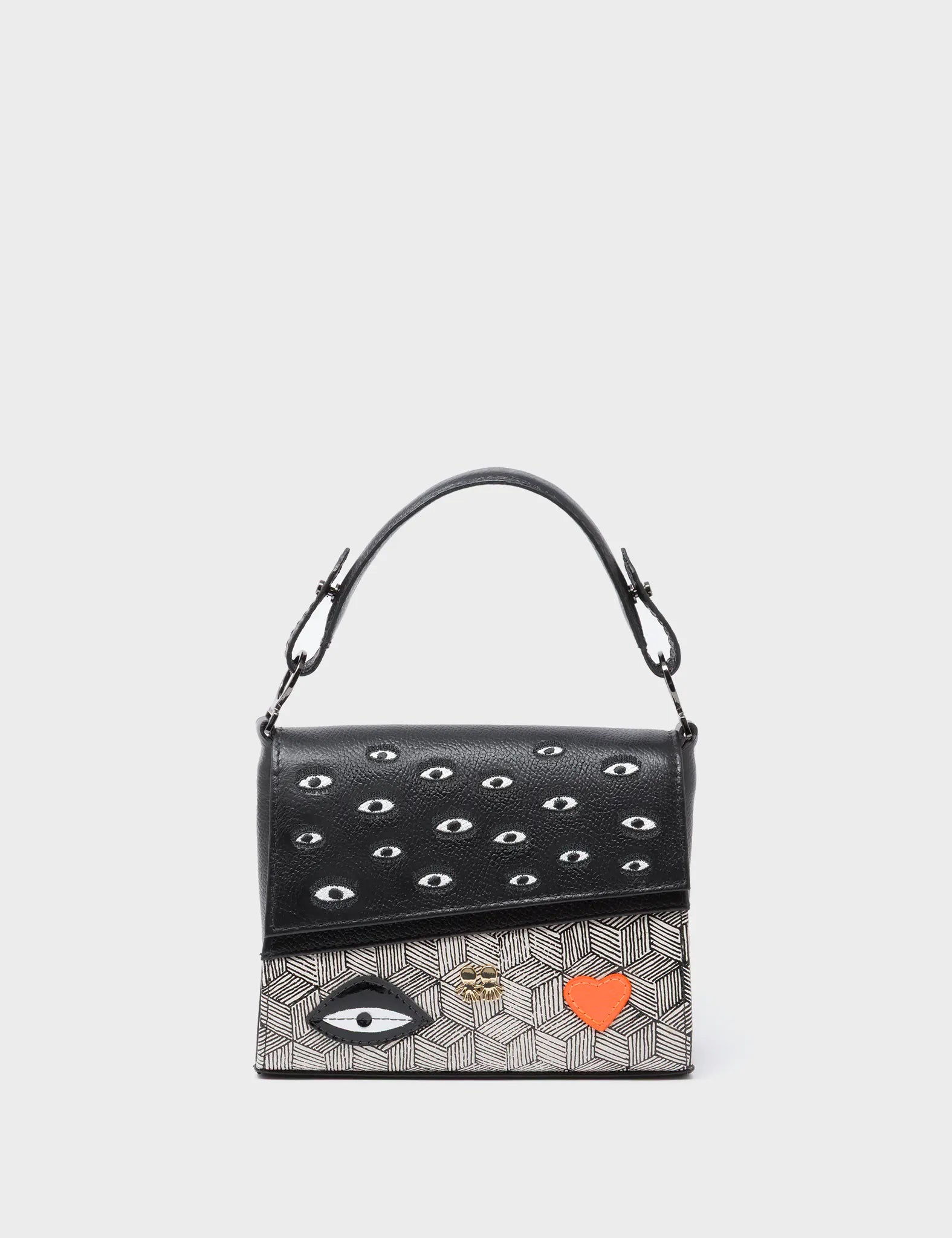 Anastasio Micro Crossbody Handbag Black Leather - All Over Eyes Design - Front View
