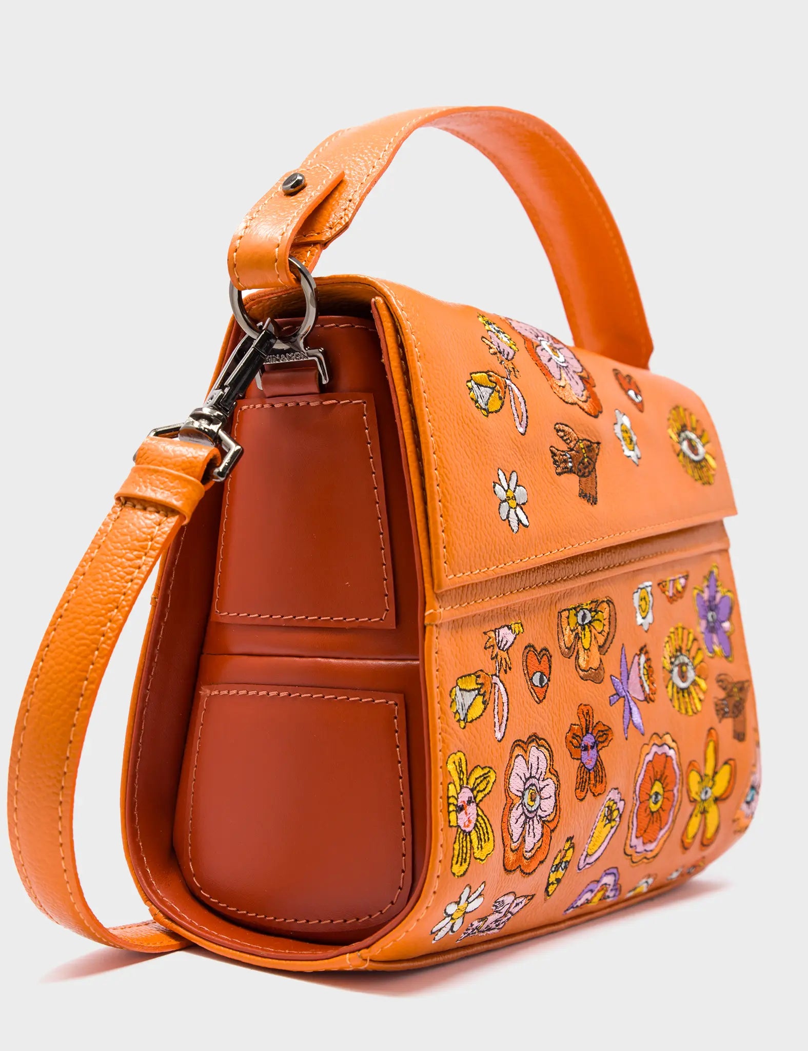 Anastasio Mini Crossbody Handbag Ocher Leather - Floral Vintage Embroidery - Side Corner View