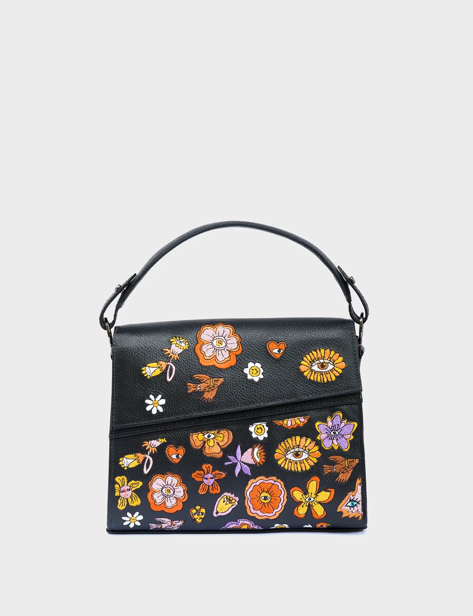 Anastasio Mini Crossbody Handbag Black Leather - Vintage Bloom Embroidery - Front View