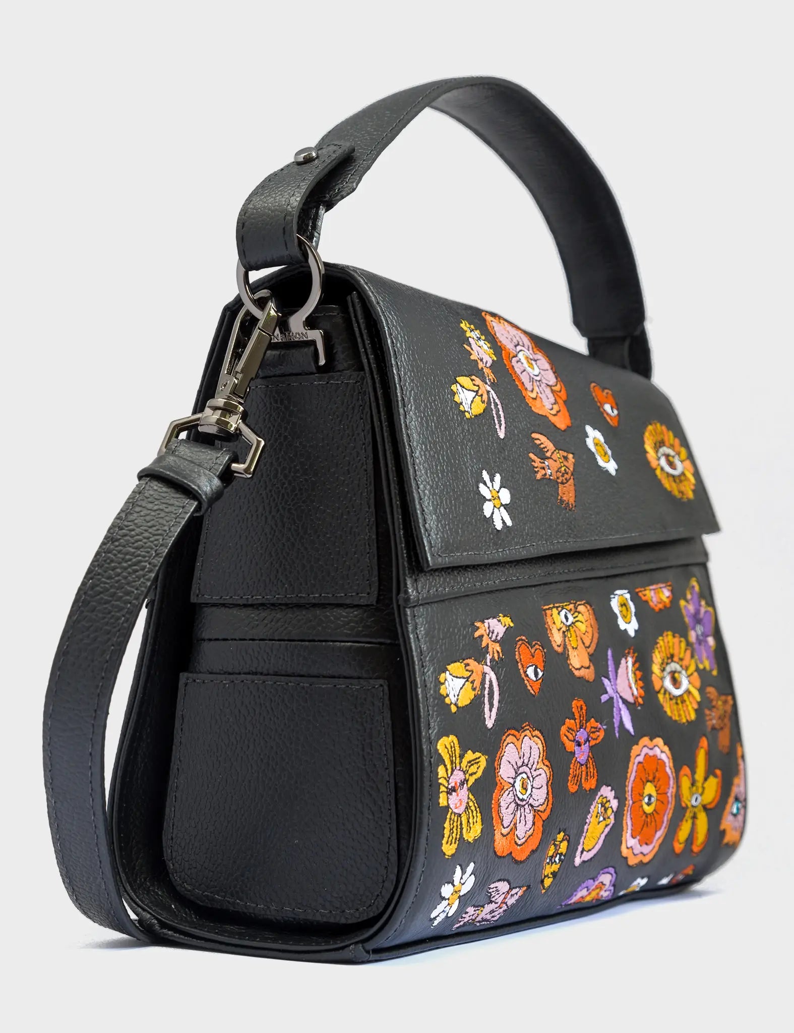 Anastasio Mini Crossbody Handbag Black Leather - Vintage Bloom Embroidery - Side View