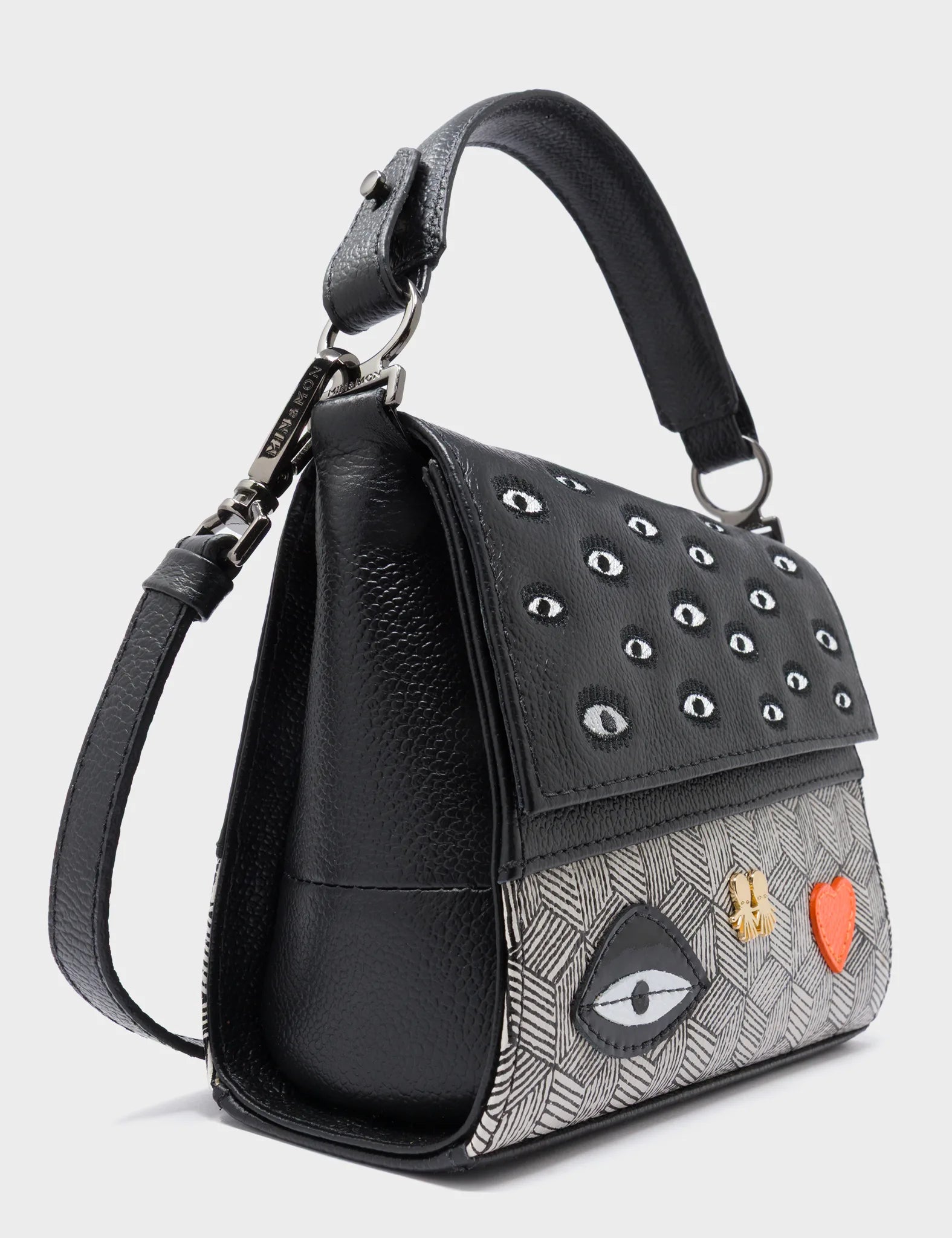 Anastasio Micro Crossbody Handbag Black Leather - All Over Eyes Design - Side Corner View