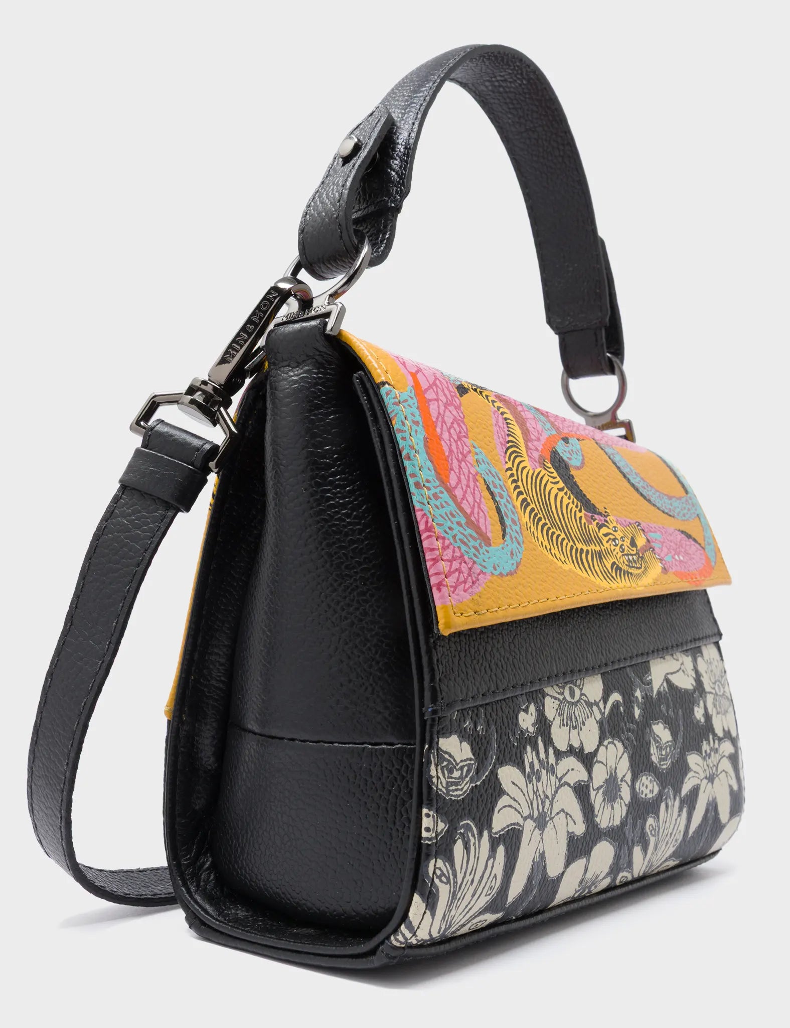 Anastasio Micro Crossbody Handbag Black Leather - Tangle Tales Black Design - Side View