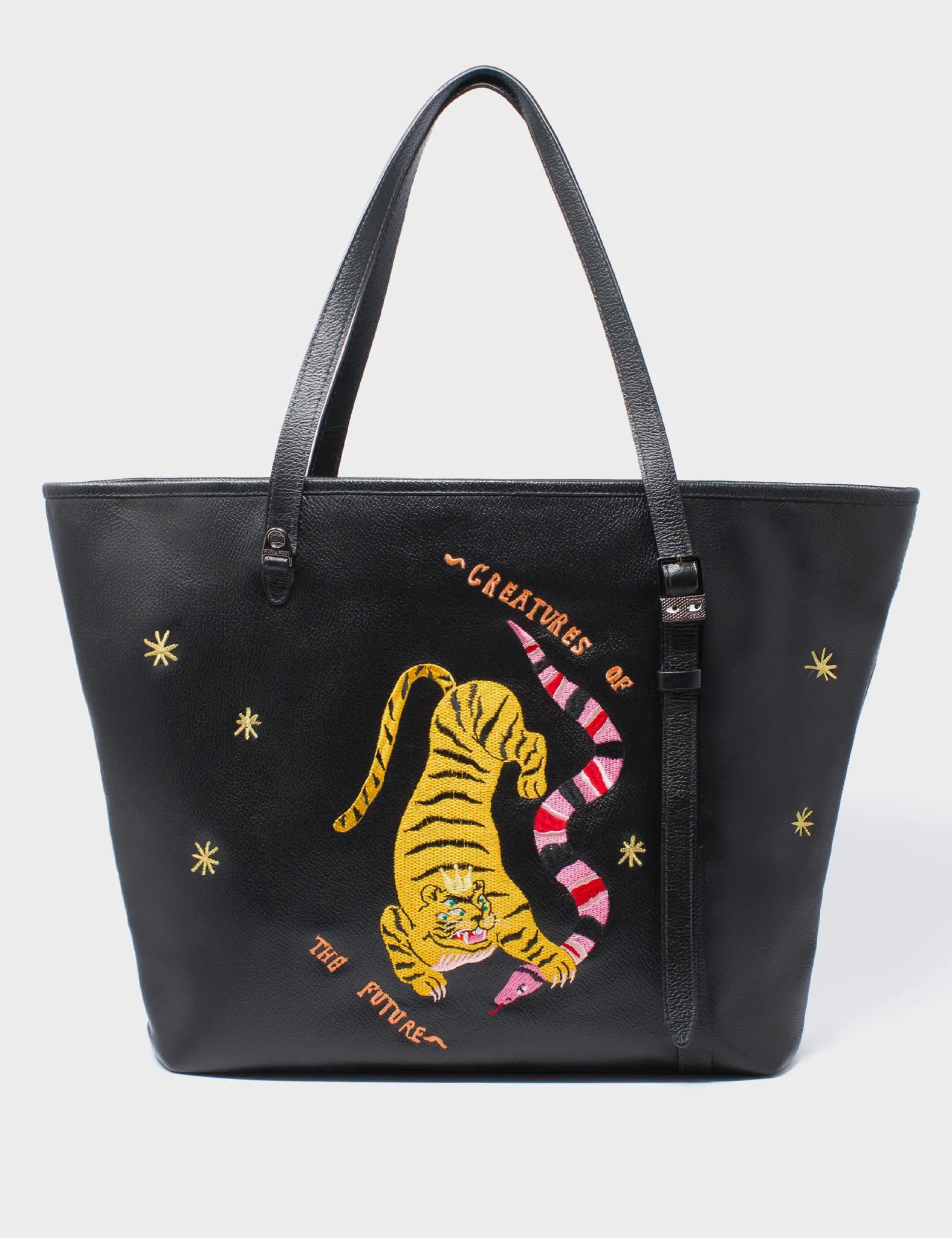 Bruno Straight Black Leather Tote Bag - Creatures of the Future Embroidery - Front View