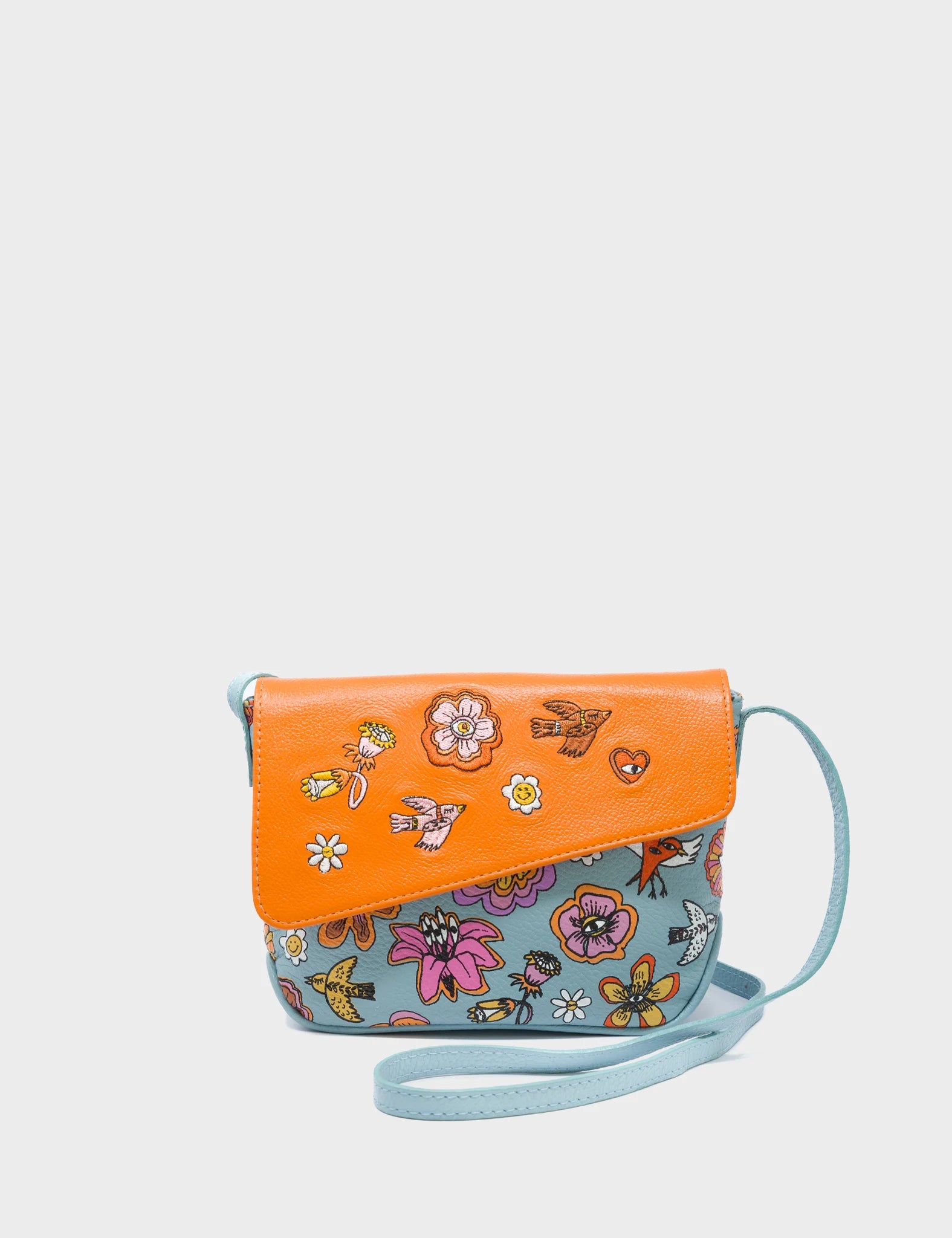 Bruno Mini Crossbody Sterling Blue Leather Bag - Floral Vintage Design - Front View