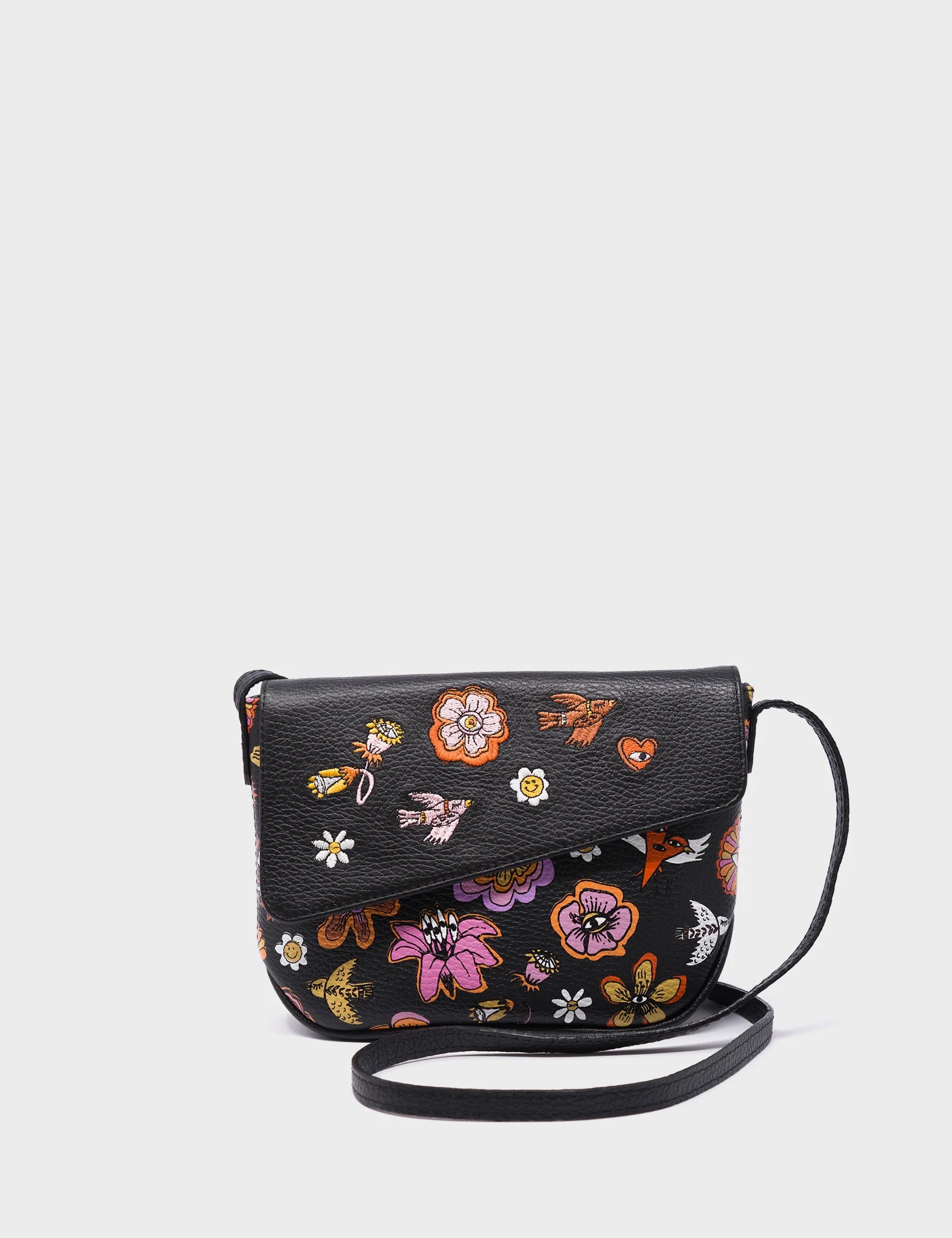  Bruno Mini Crossbody Black Leather Bag - Vintage Bloom Design - Front View