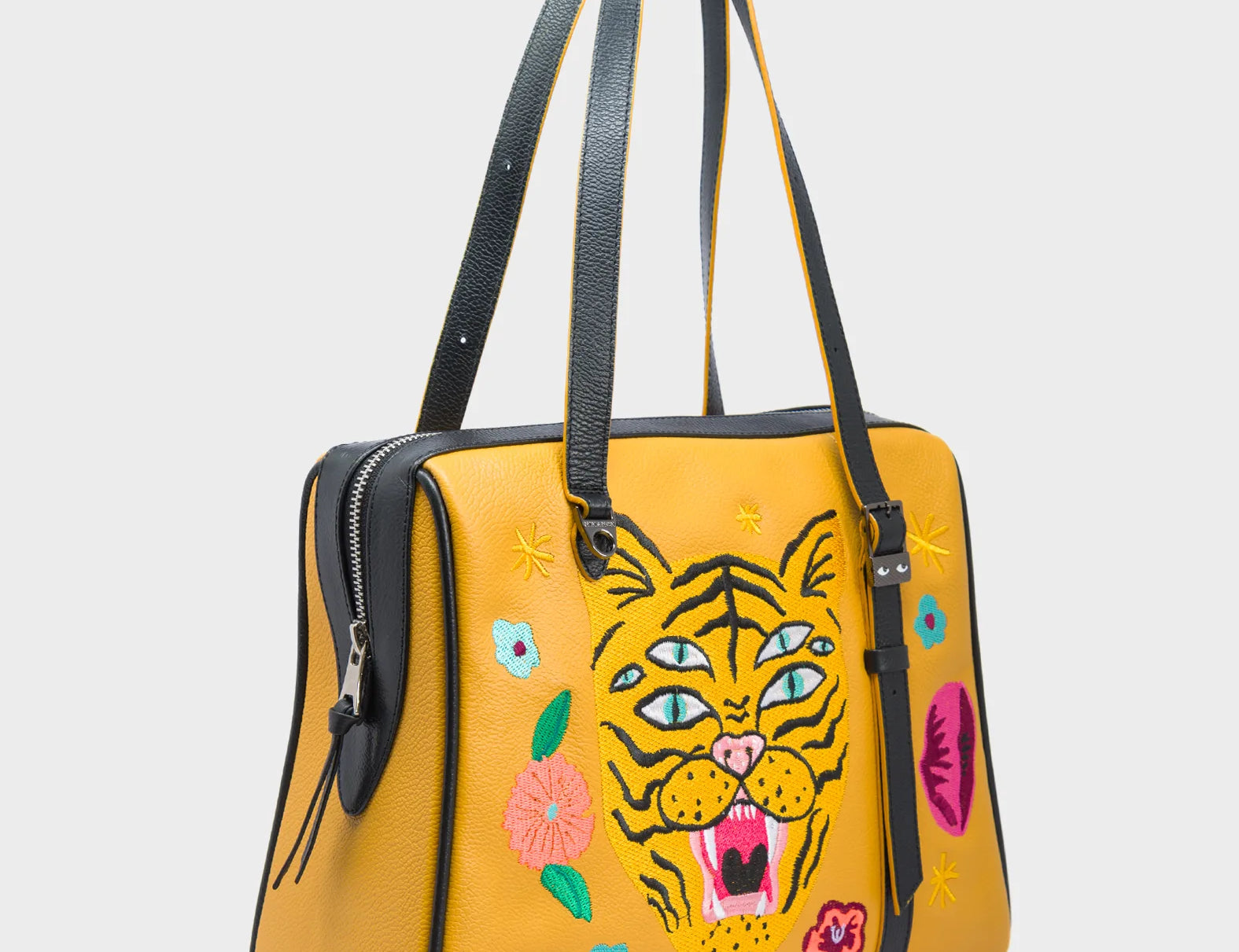 Esther Golden Glow Satchel Bag - Tiger and Flowers Embroidery - Main View