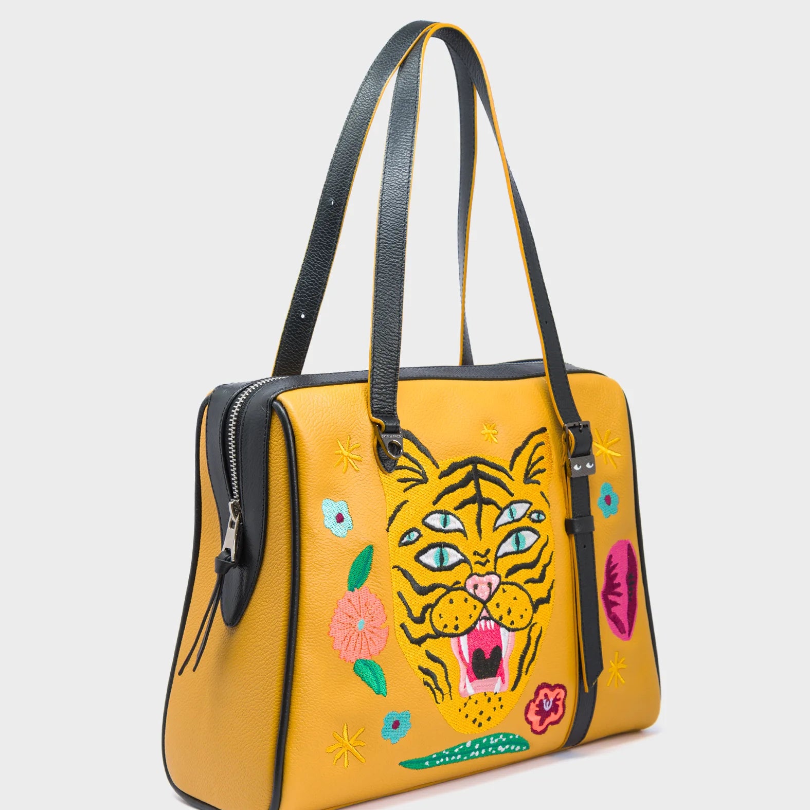 Esther Golden Glow Satchel Bag - Tiger and Flowers Embroidery - Main View