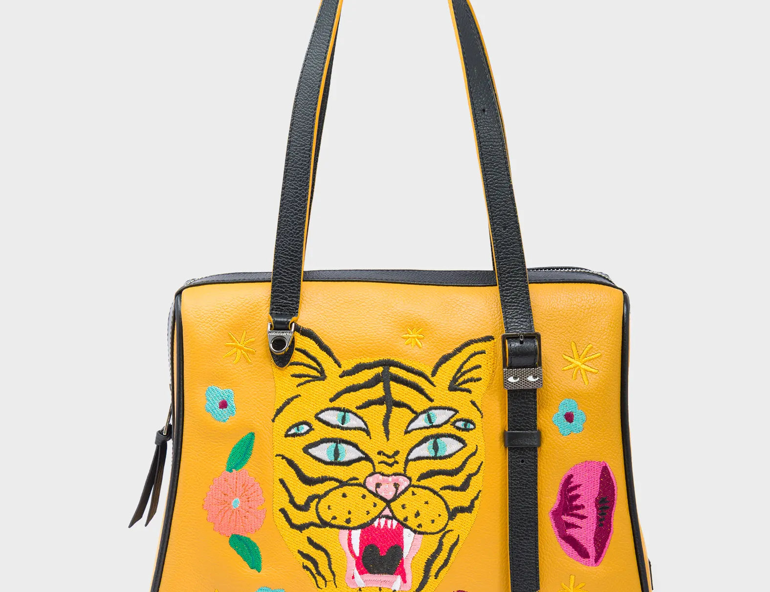 Esther Golden Glow Satchel Bag - Tiger and Flowers Embroidery - Front View