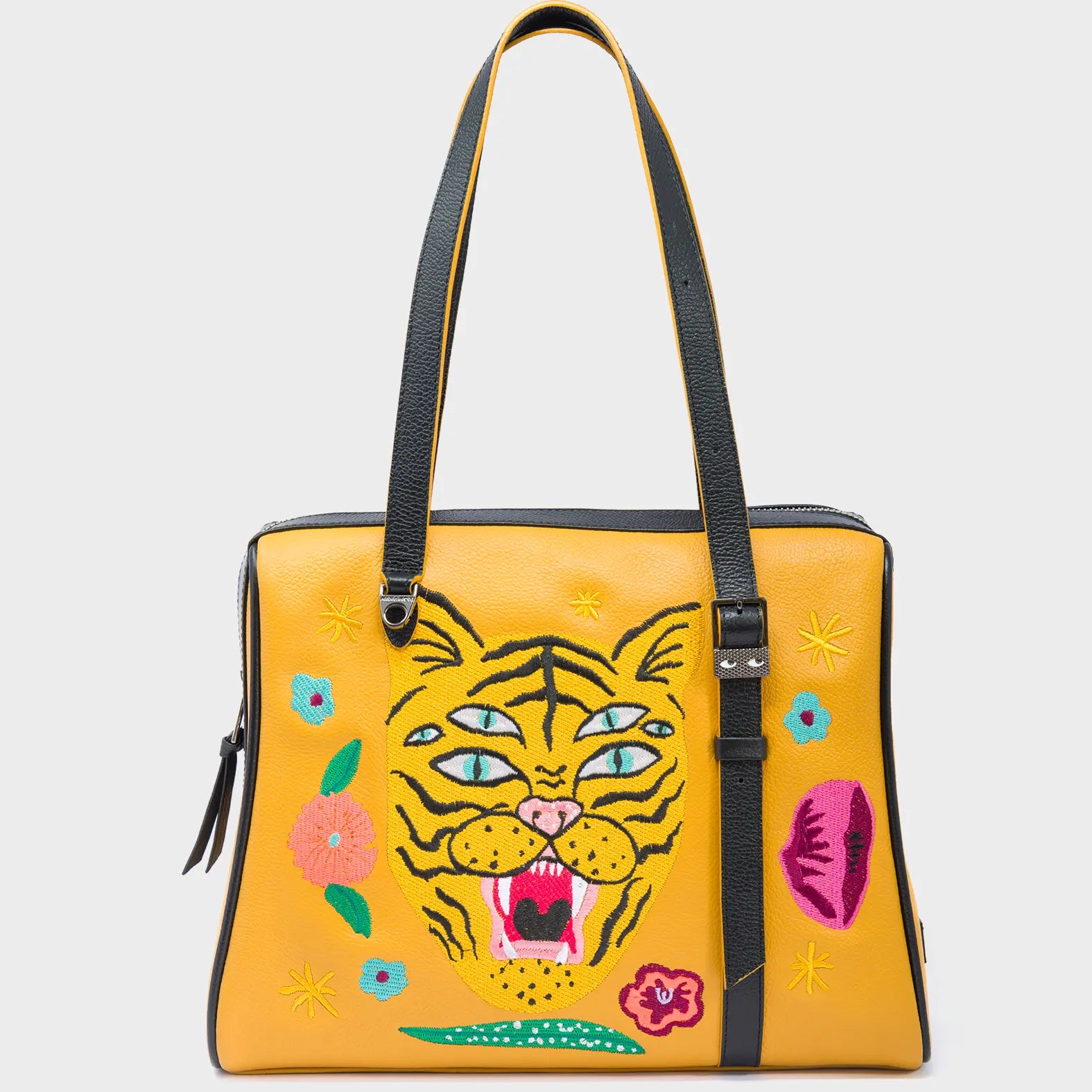 Esther Golden Glow Satchel Bag - Tiger and Flowers Embroidery - Front View