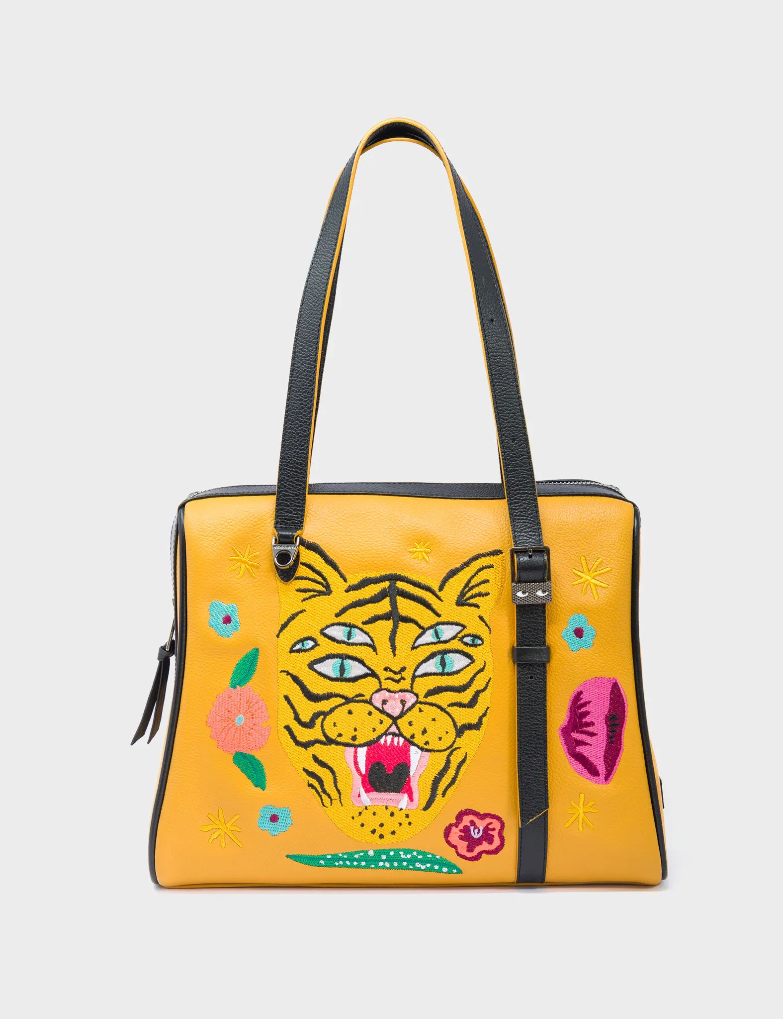 Esther Golden Glow Satchel Bag - Tiger and Flowers Embroidery - Front View