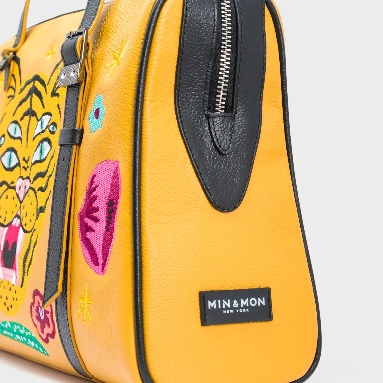 Esther Golden Glow Satchel Bag - Tiger and Flowers Embroidery - Side View