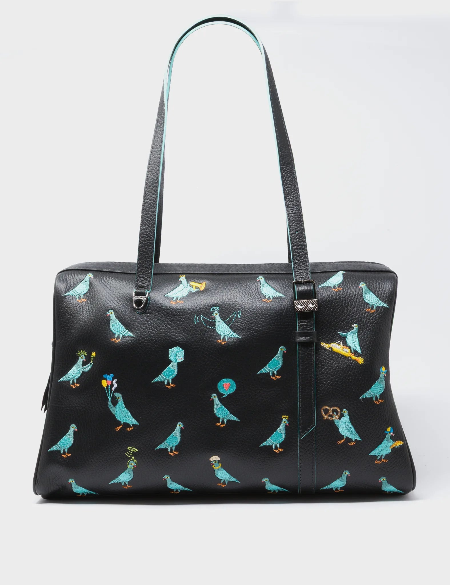 Esther Large Black Duffle Bag - Pigeonista Embroidery - Front View