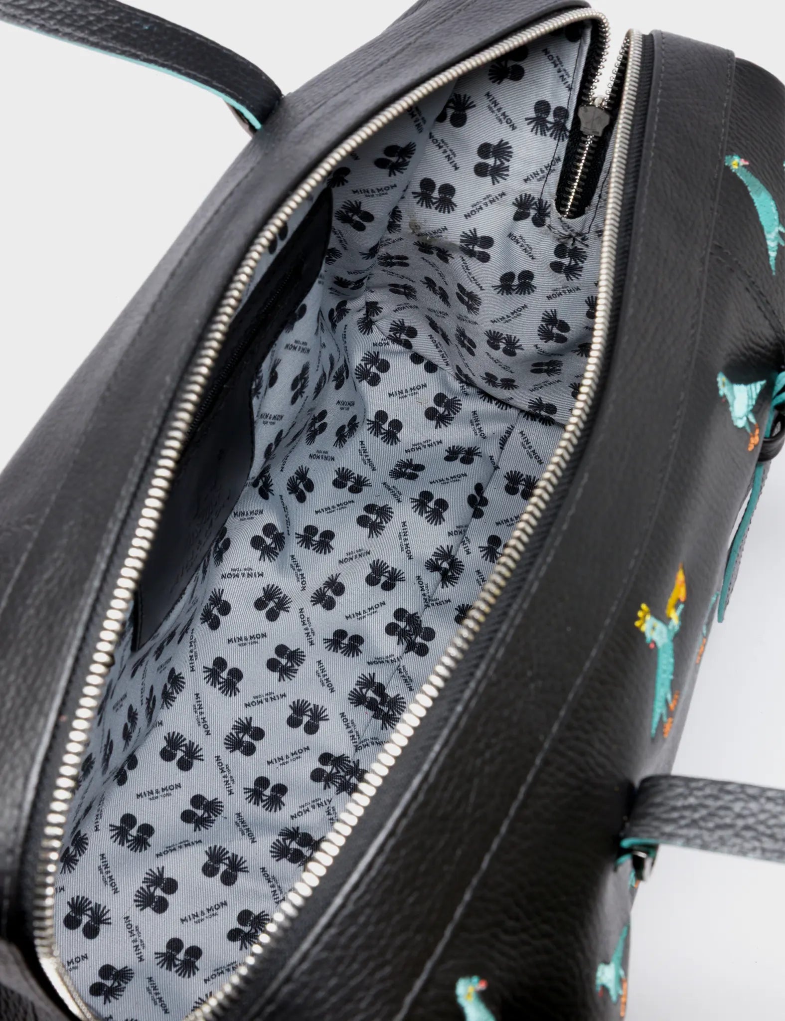 Esther Large Black Duffle Bag - Pigeonista Embroidery - Open View