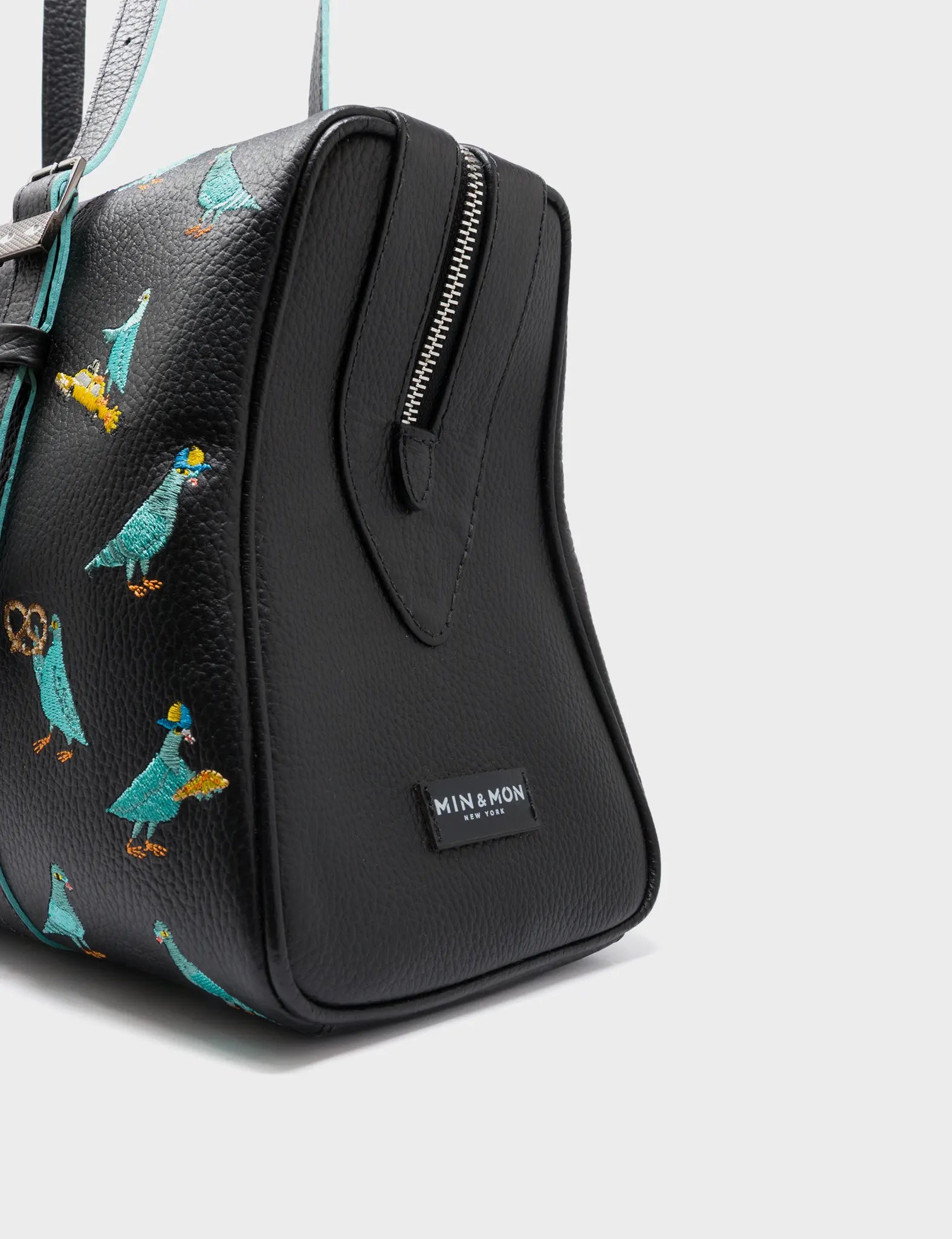 Esther Large Black Duffle Bag - Pigeonista Embroidery - Detail View