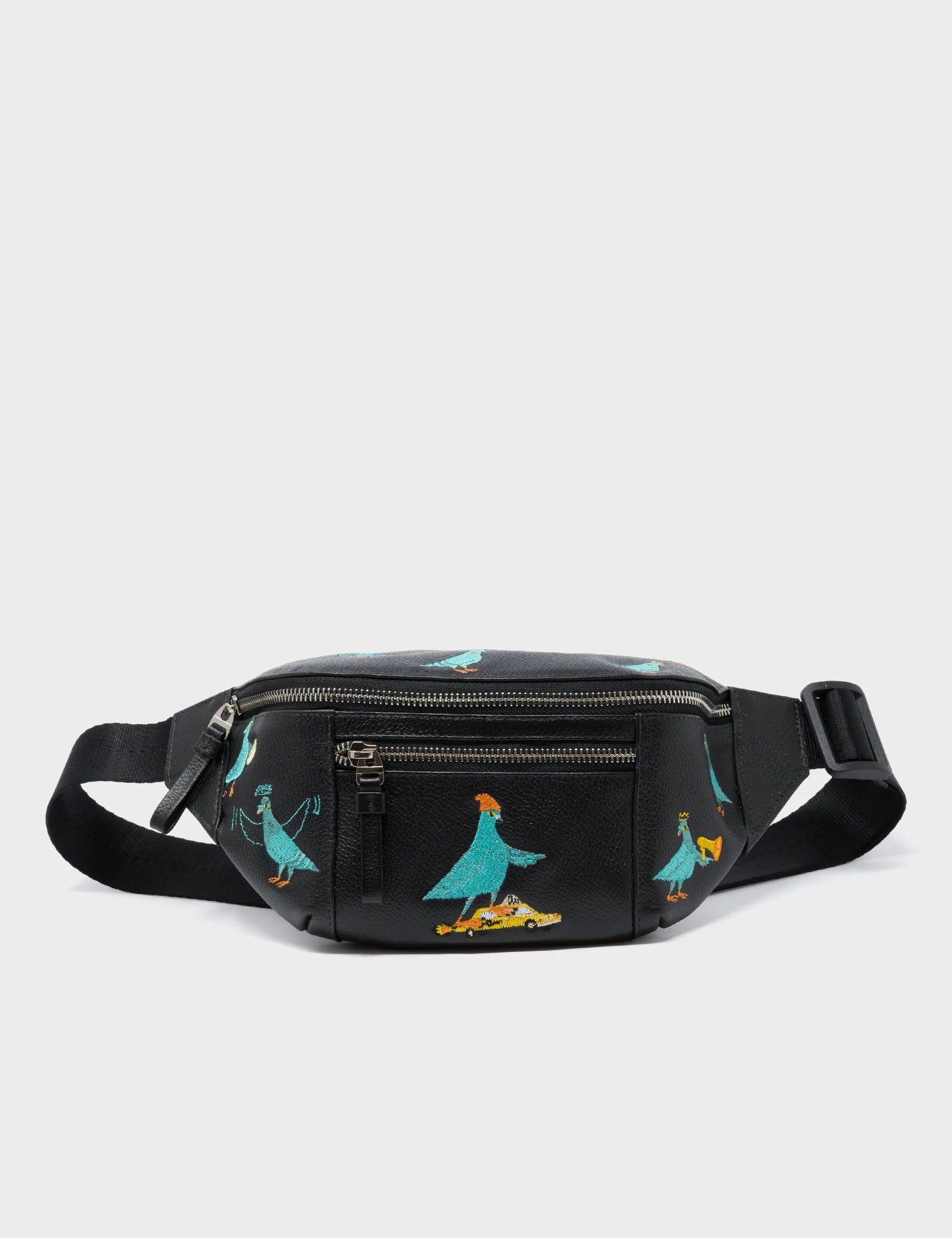 Harold Fanny Pack Black Leather - Pigeonista Embroidery - Front