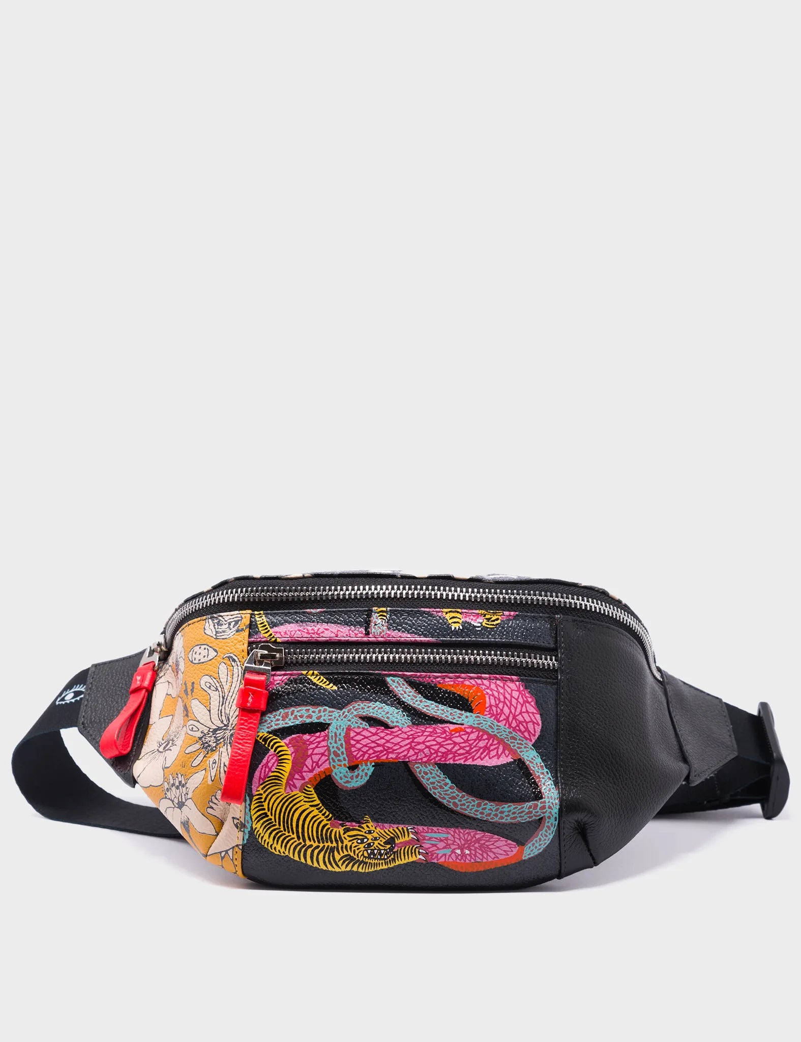 Harold Fanny Pack Black Leather - Tangle Tales Black Design - Front View