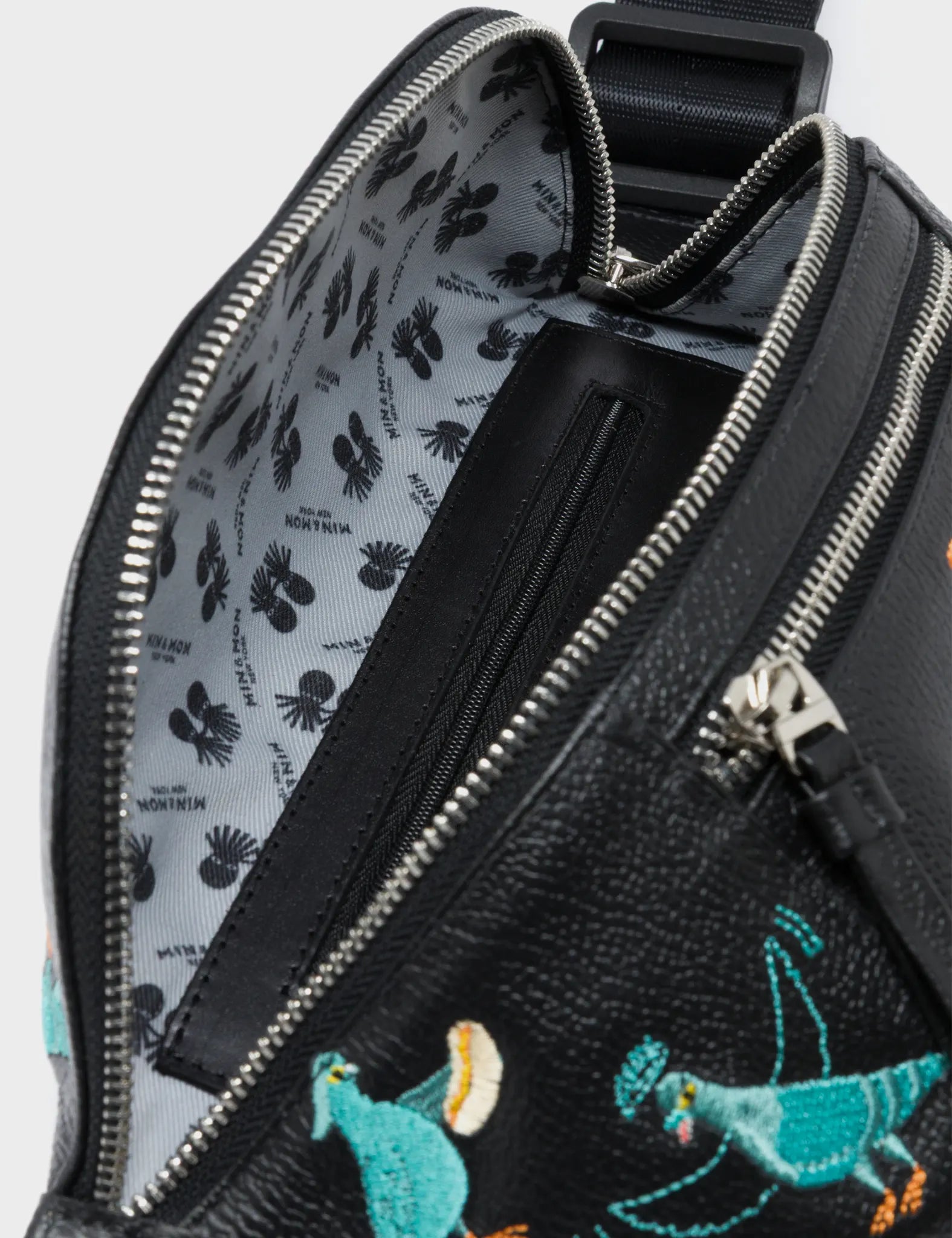 Harold Fanny Pack Black Leather - Pigeonista Embroidery  - Inside