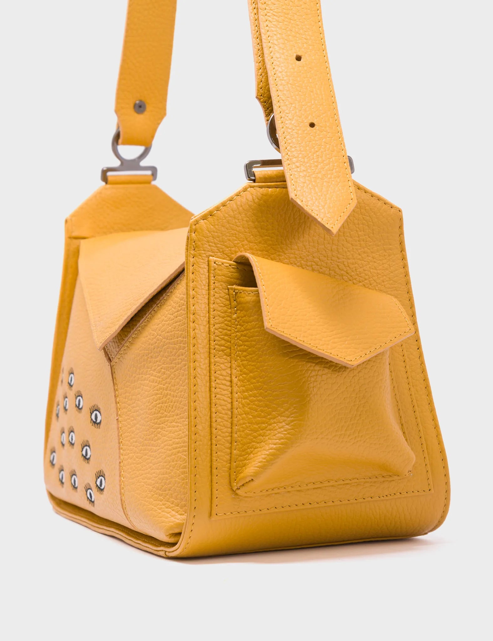 Houston Golden Leather Shoulder Bag - All Over Eyes Embroidery - Side View