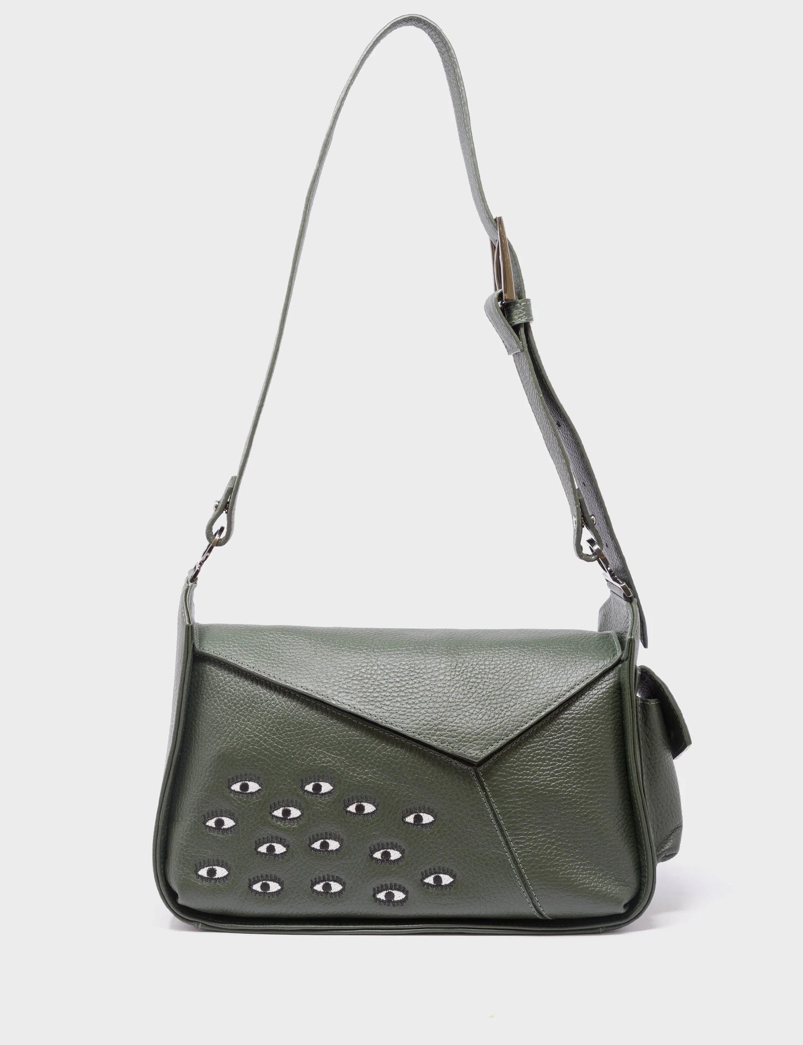 Houston Green Leather Shoulder Bag - All Over Eyes Embroidery - Front View