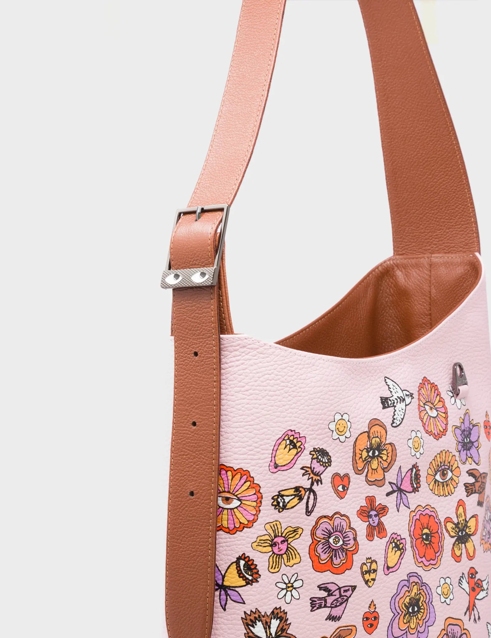 Ilan Parfait Pink Bucket Bag - Vintage Bloom Print - Close Up View