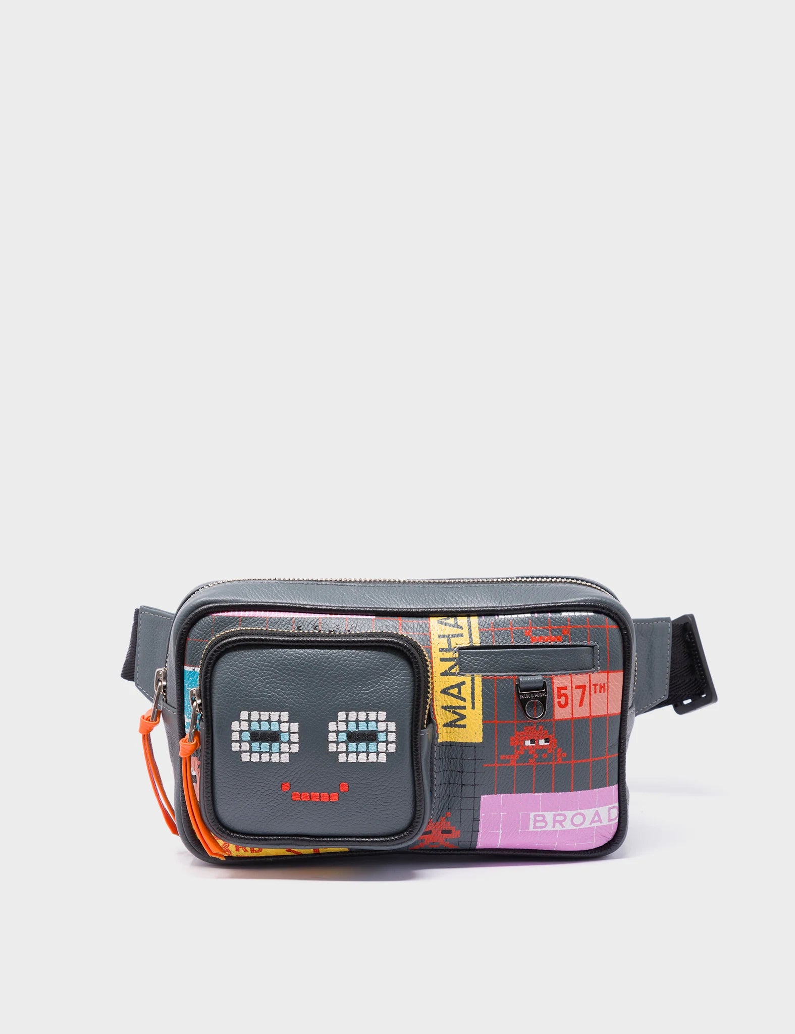 Ilan Fannypack Stormy Gray Leather Bag - Subway Stories Print - Front View