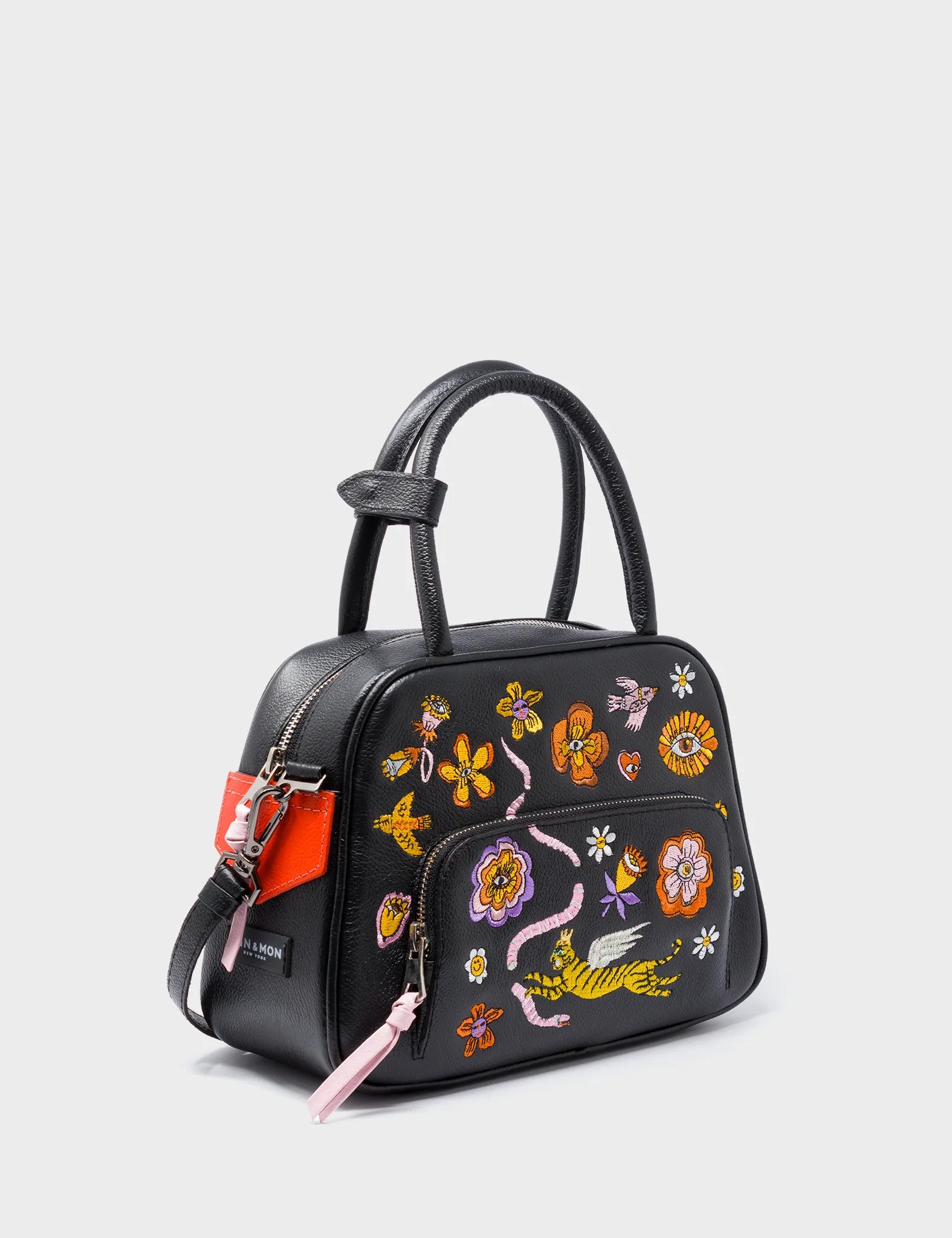 Marino Medium Crossbody Black Leather Bag - Vintage Bloom Embroidery - Main View