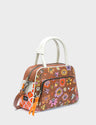 Marino Medium Crossbody Brown Leather Bag - Floral Vintage Print - Main View