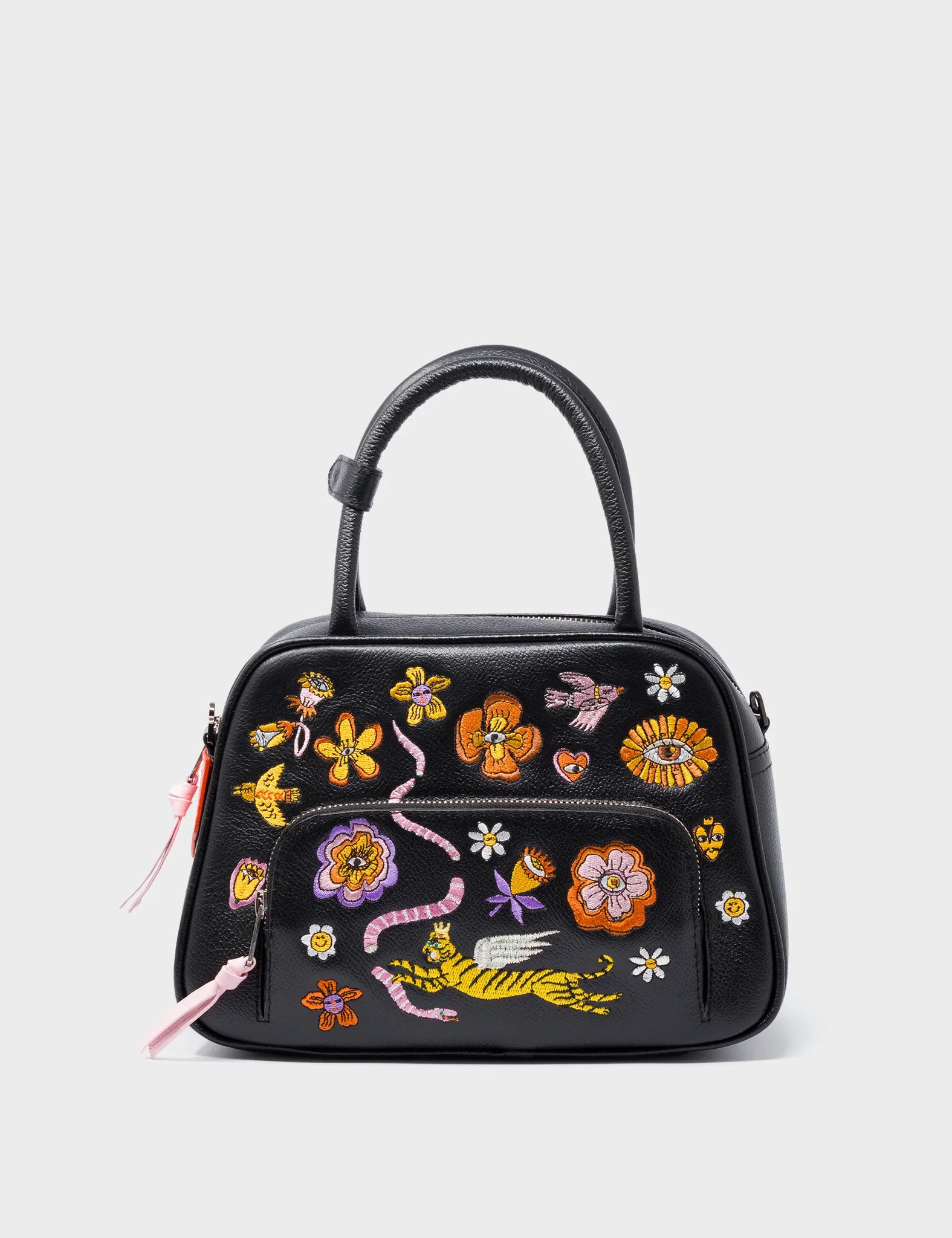 Marino Medium Crossbody Black Leather Bag - Vintage Bloom Embroidery - Front View