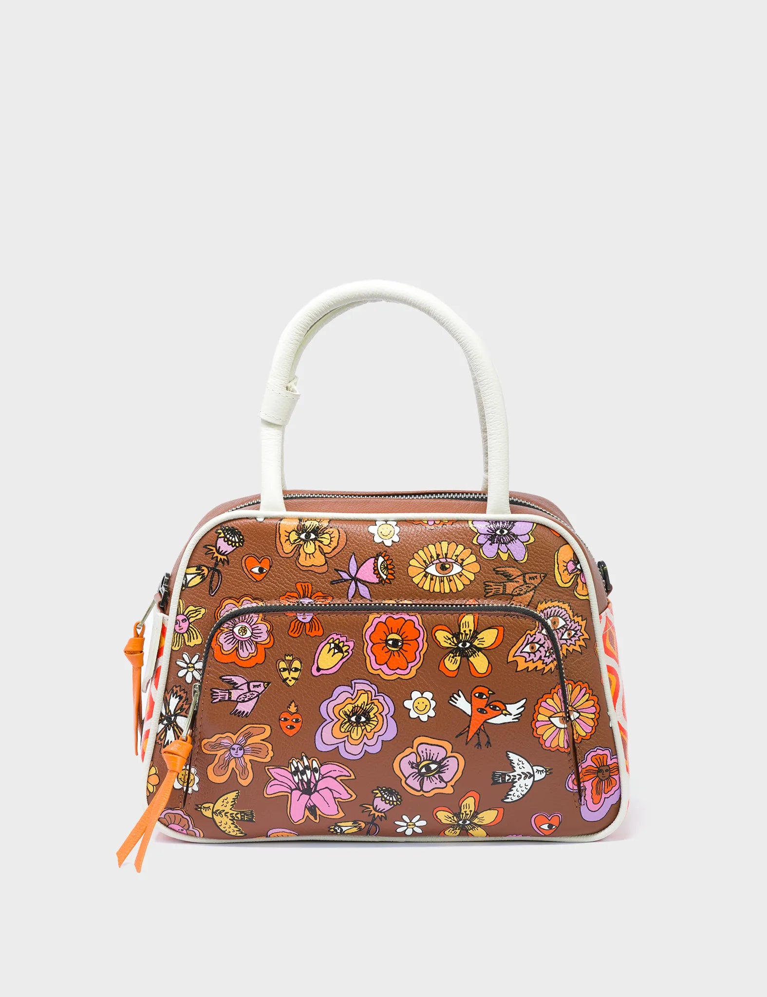 Marino Medium Crossbody Brown Leather Bag - Floral Vintage Print - Front Vew