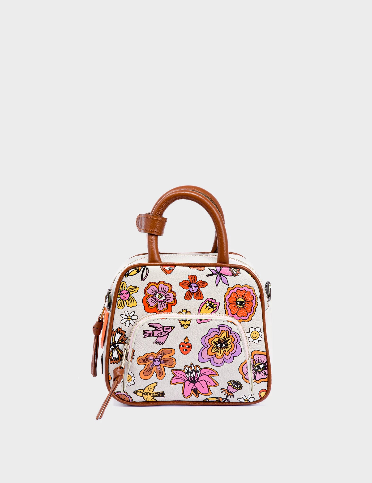 Marino Mini Crossbody Cream Leather Bag - Floral Vintage Print - Front View