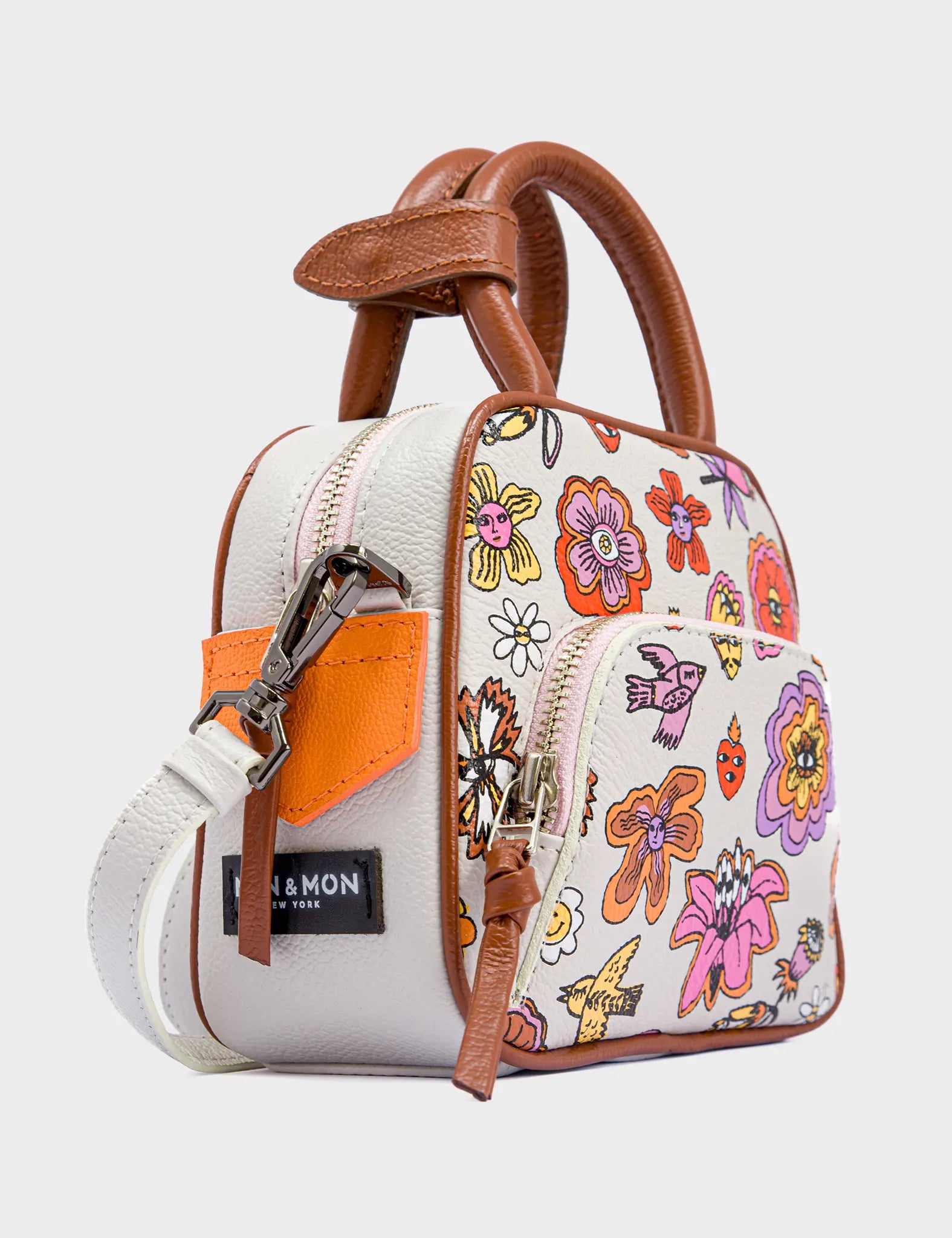 Marino Mini Crossbody Cream Leather Bag - Floral Vintage Print - Side Corner View