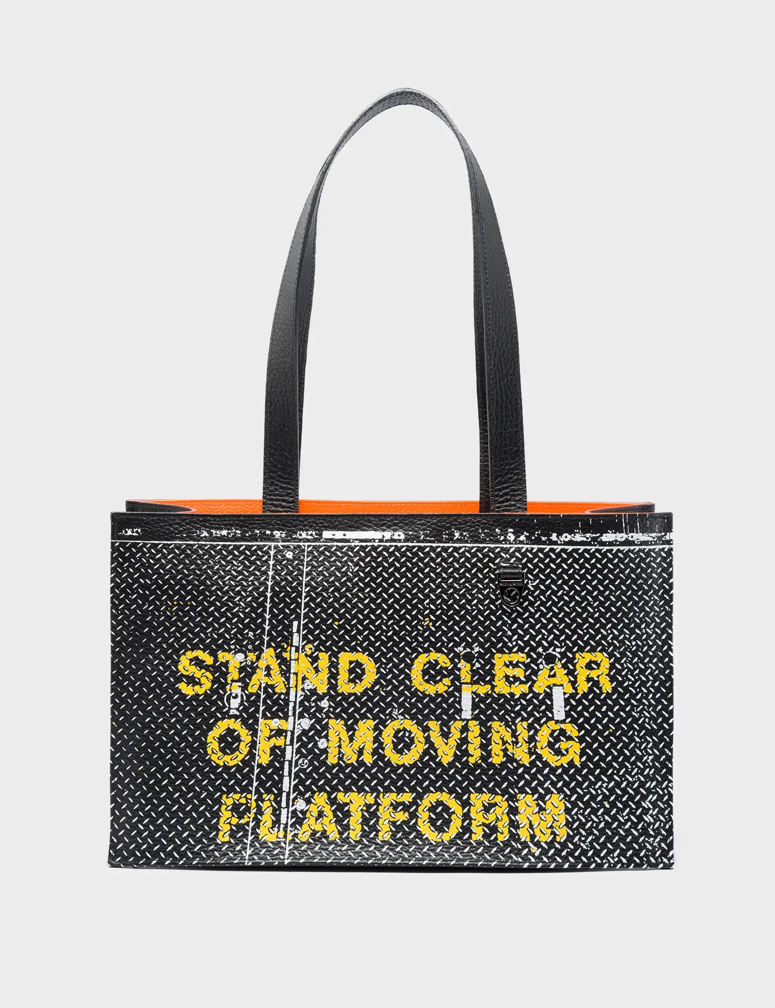 Marko Small Black Leather Tote Bag - Subway Platform Print - Front View