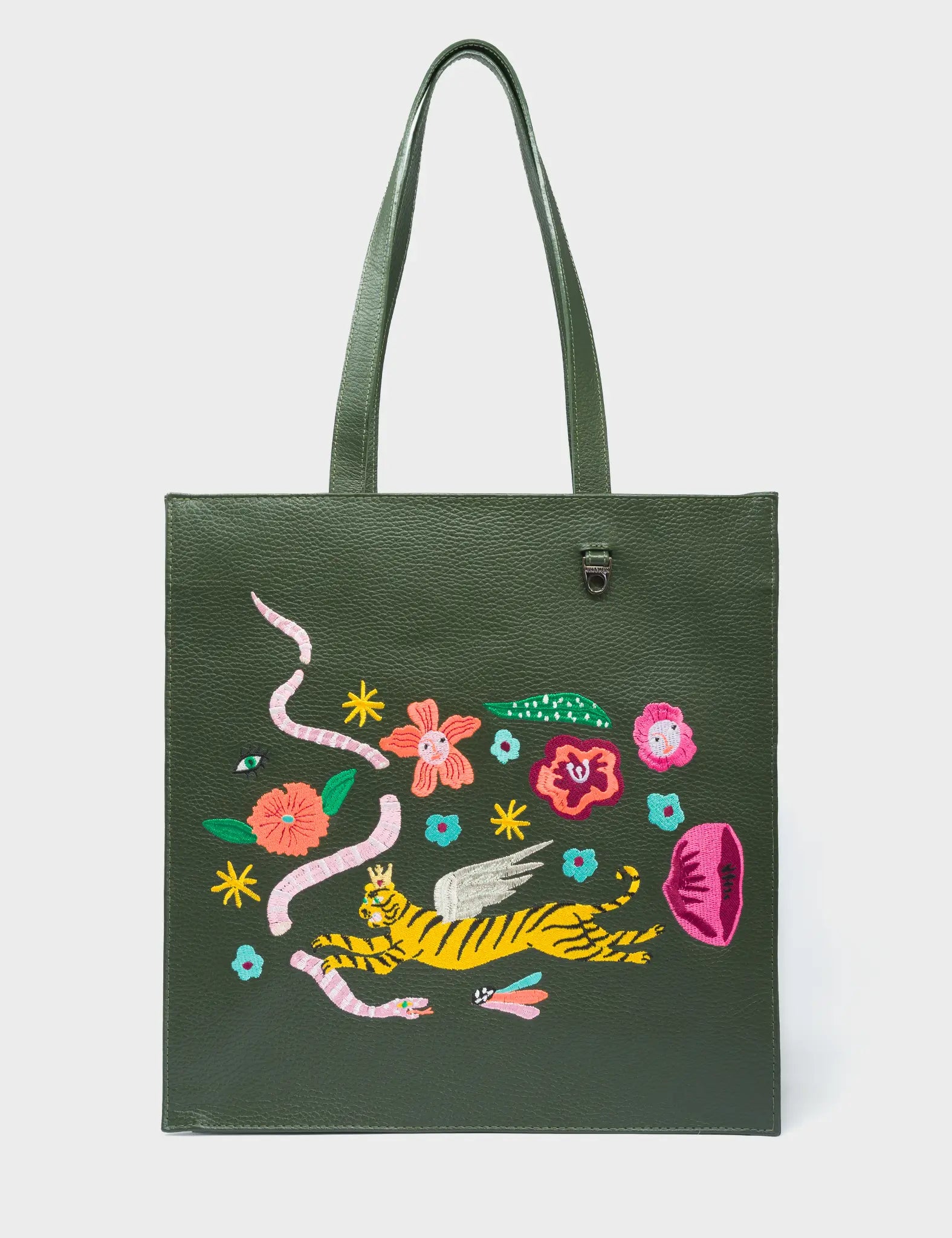 Marko Green Leather Tote Bag - Creatures of the Future Embroidery - Front View