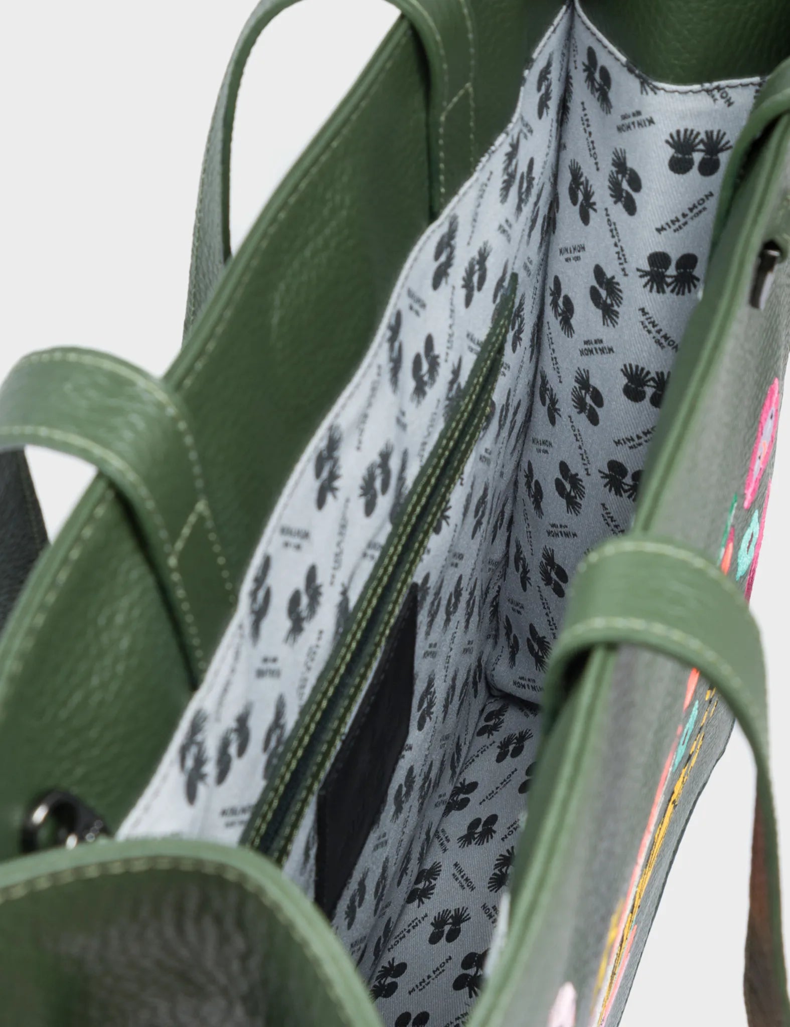 Marko Green Leather Tote Bag - Creatures of the Future Embroidery - Detail view