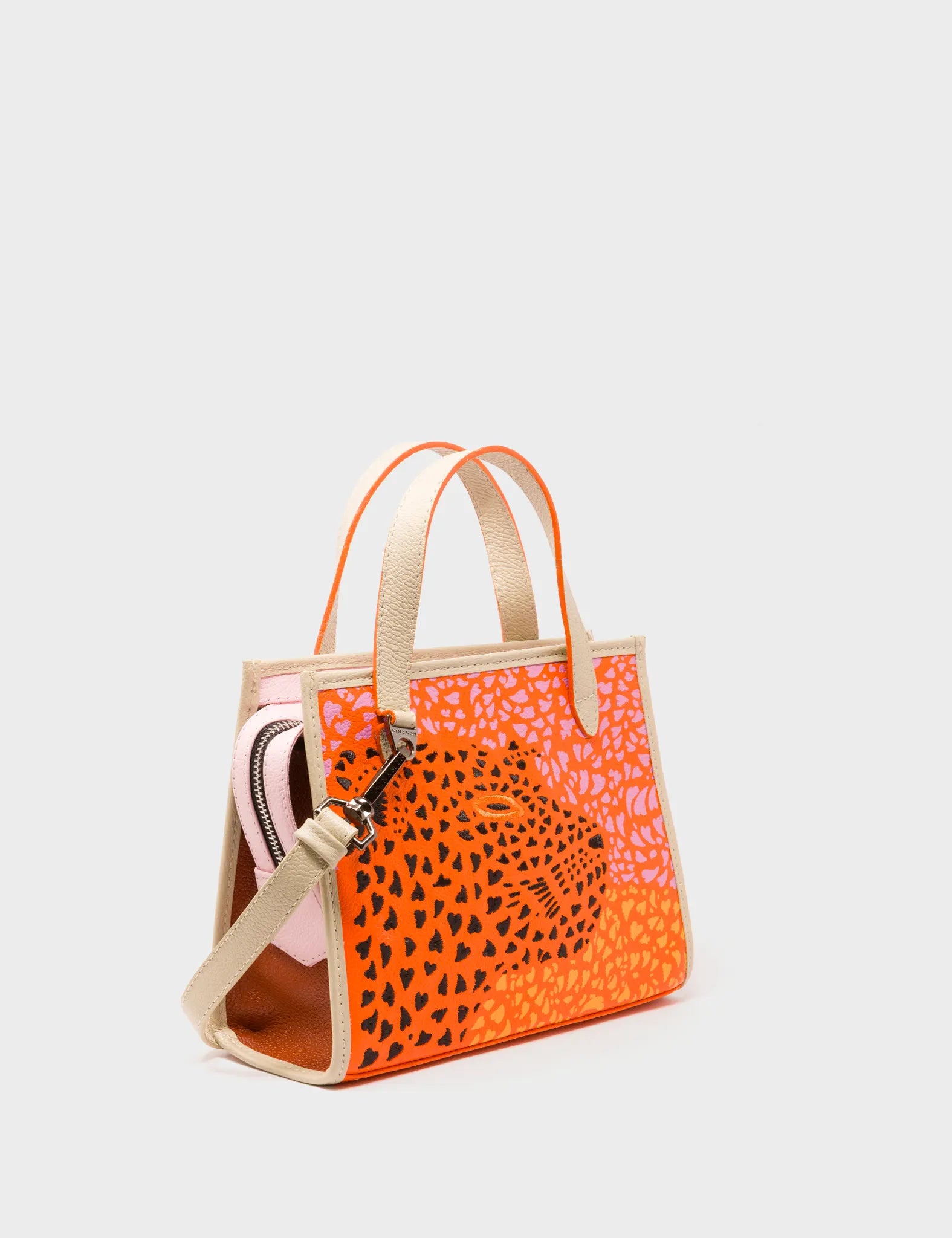 Simon Neon Orange Leather Small Handbag - Retro Tiger Design - Main View
