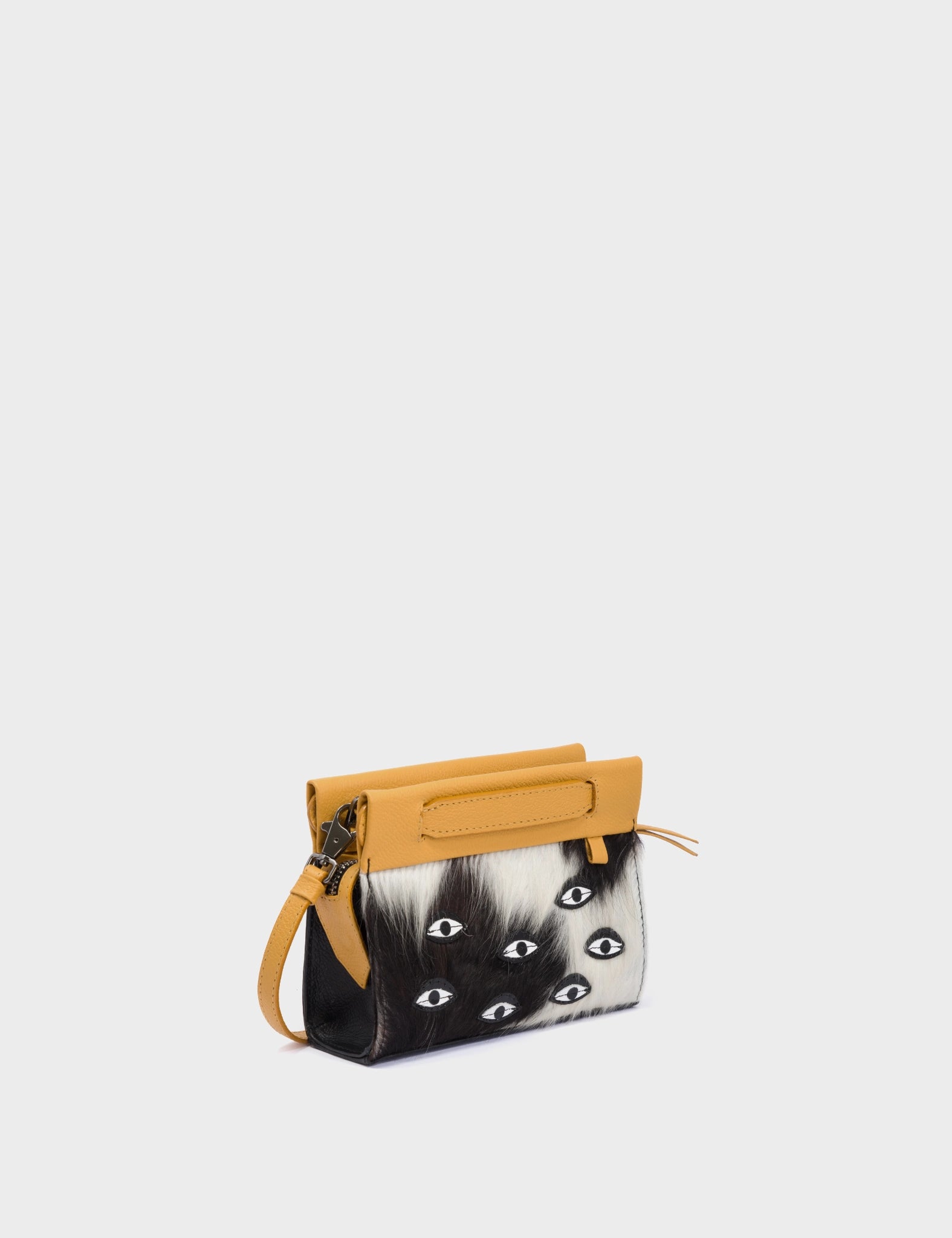 Vali Crossbody Micro Golden Glow and Black Leather Bag - Eyes Applique Adjustable Handle - Black and White Fur - Main View