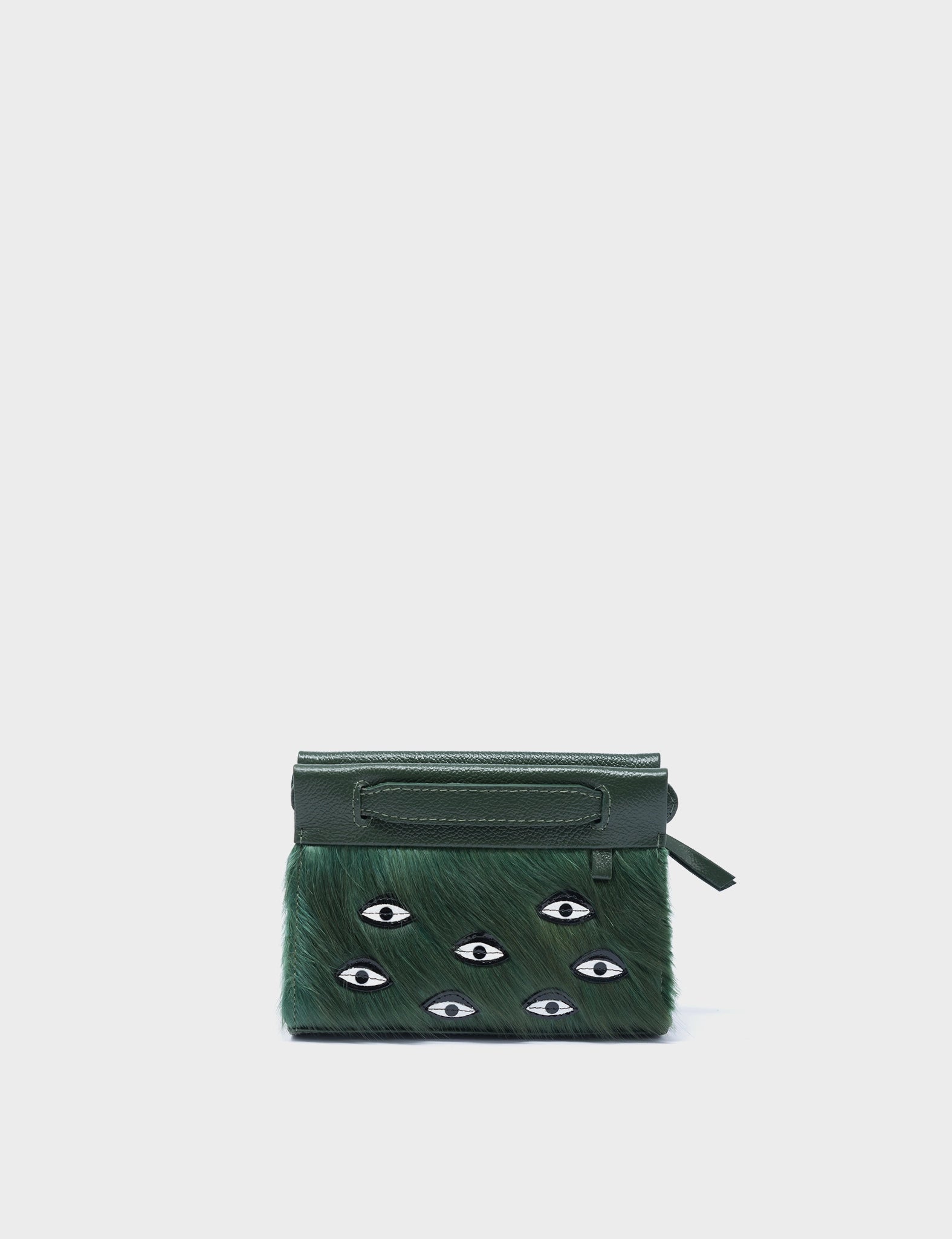 Vali Crossbody Micro Green Leather Bag - Eyes Applique Adjustable Handle - Front View