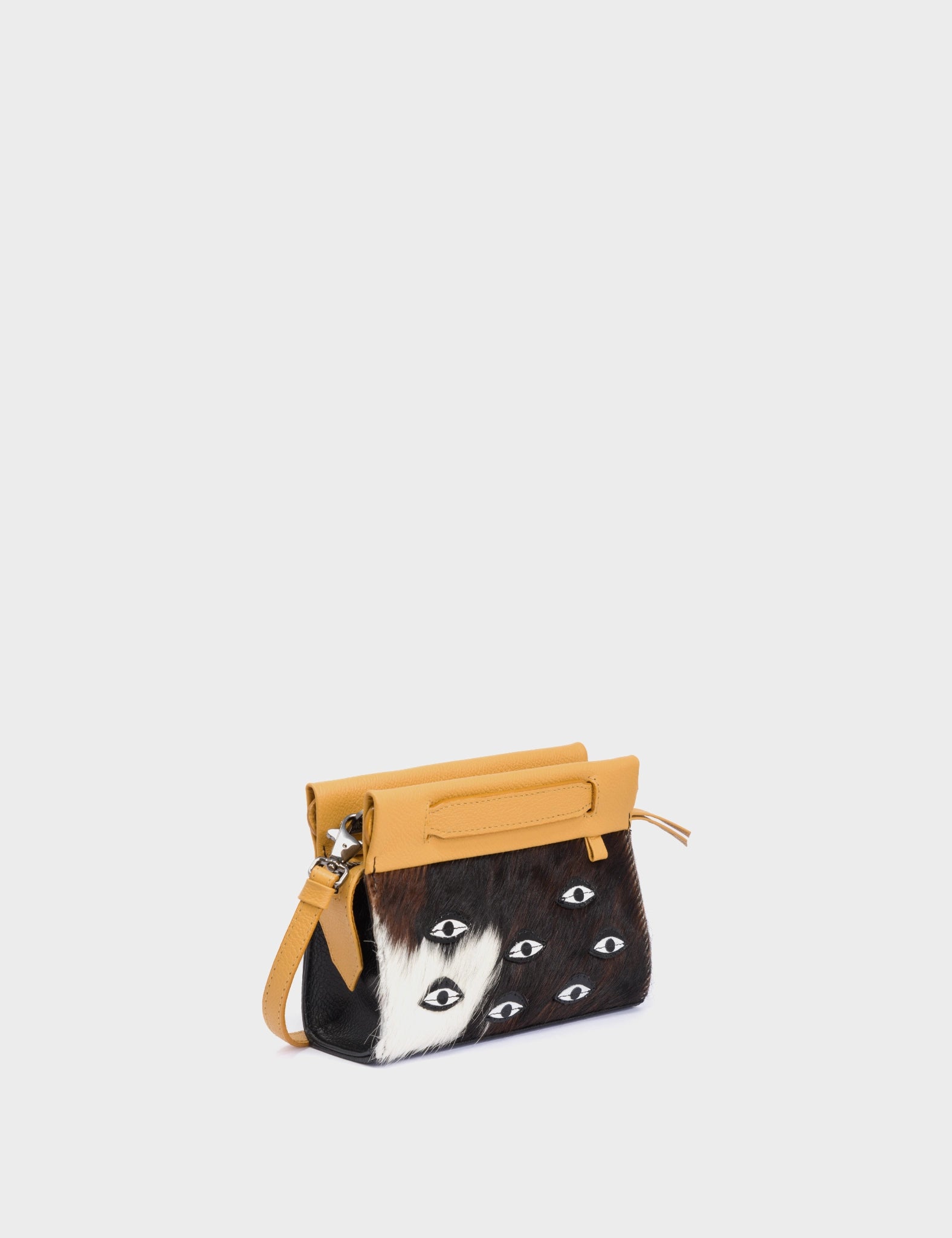 Vali Crossbody Micro Golden Glow and Black Leather Bag - Eyes Applique Adjustable Handle - Black Spotted Fur - Main View