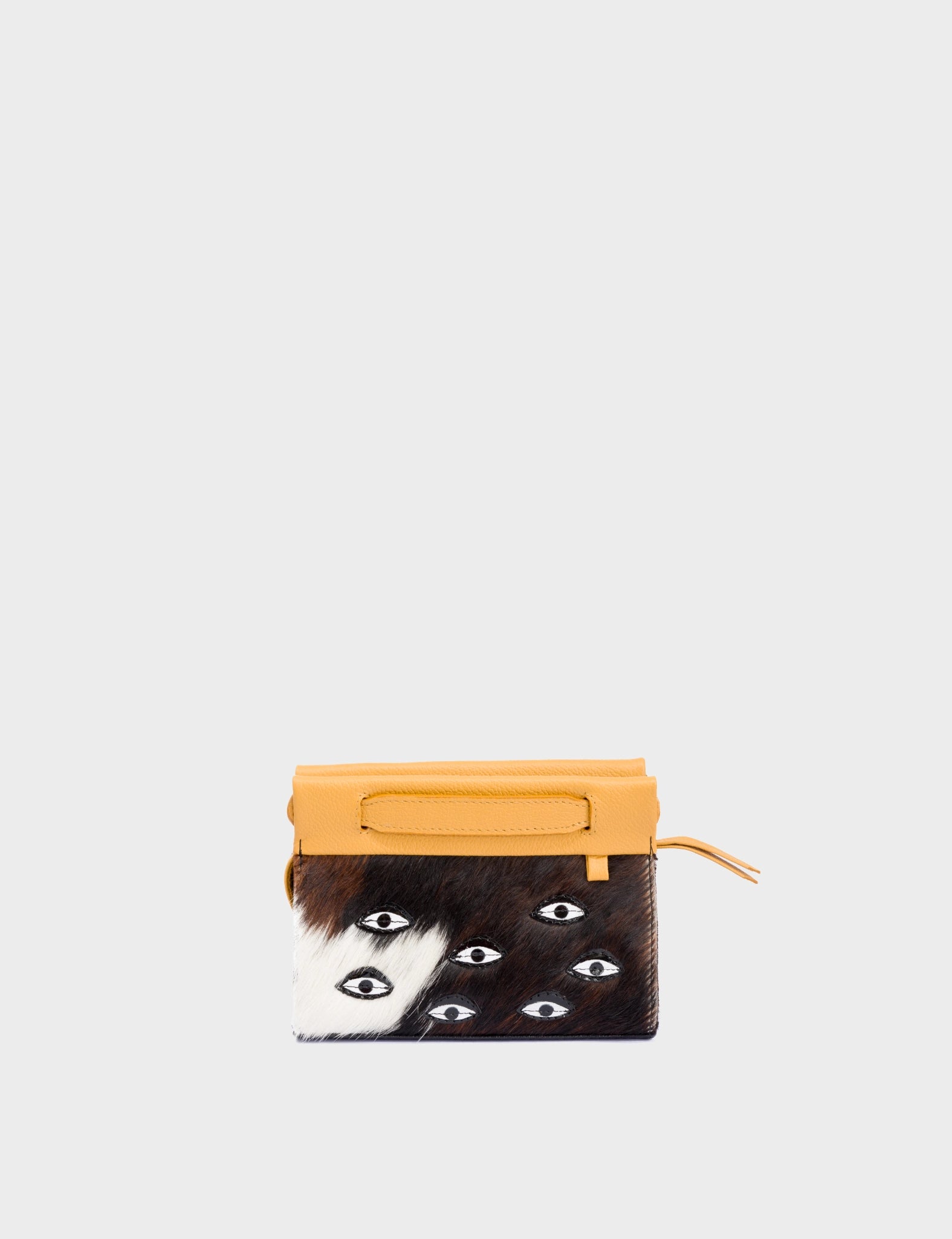 Vali Crossbody Micro Golden Glow and Black Leather Bag - Eyes Applique Adjustable Handle - Black Spotted Fur. - Front View