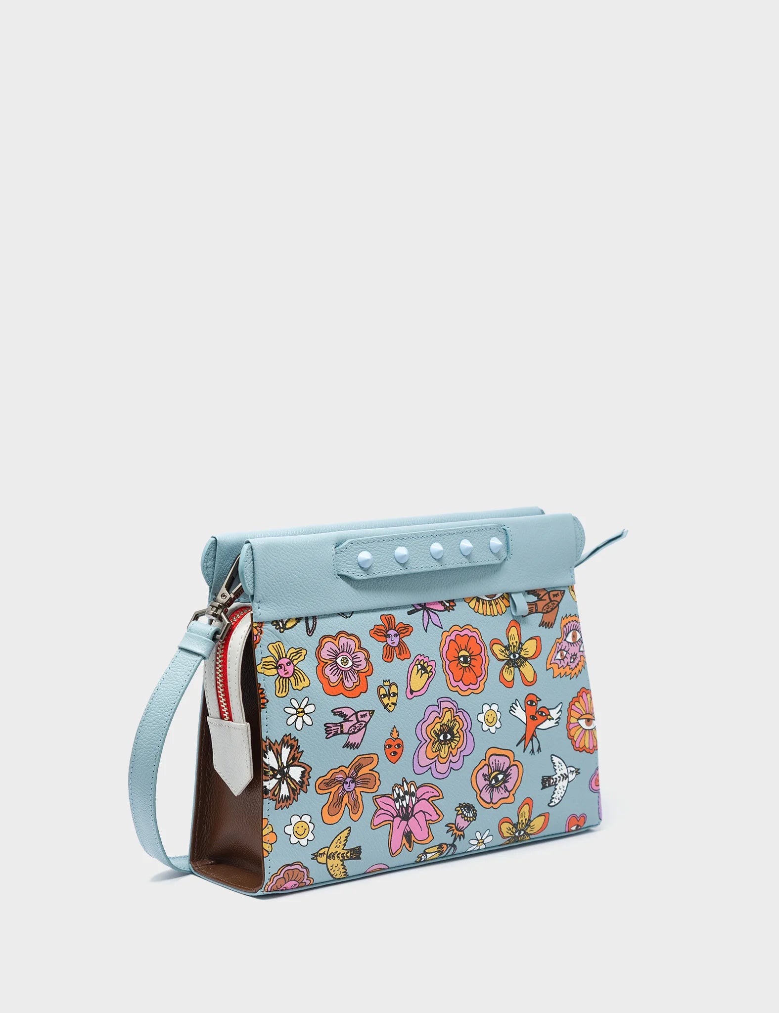 Vali Small Crossbody Sterling Blue and Brown Leather Bag - Floral Vintage Print - Main View