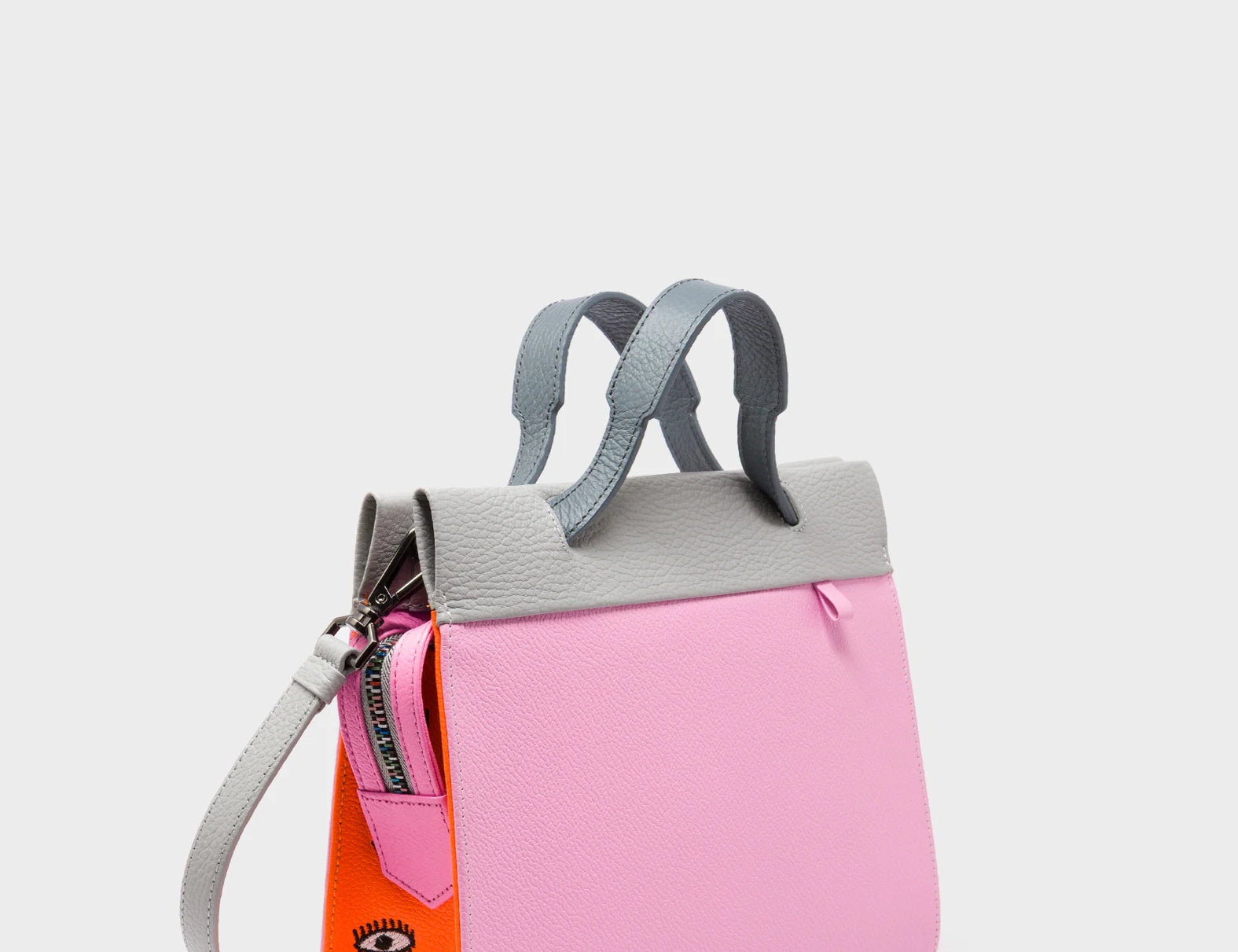 Vali Crossbody Soft Neon Pink and Moonwalk Gray - All Over Eyes Embroidery - Handles View