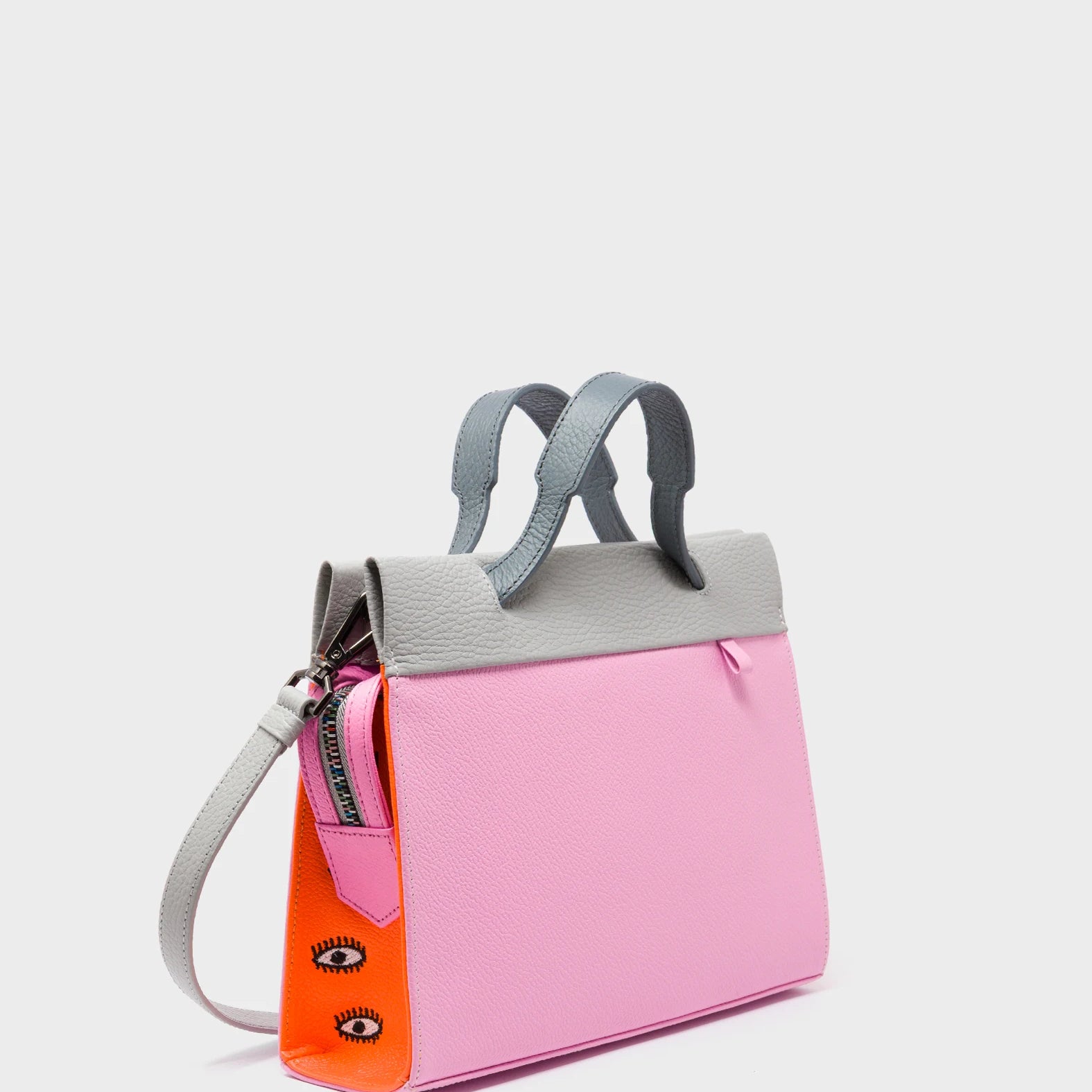 Vali Crossbody Soft Neon Pink and Moonwalk Gray - All Over Eyes Embroidery - Handles View