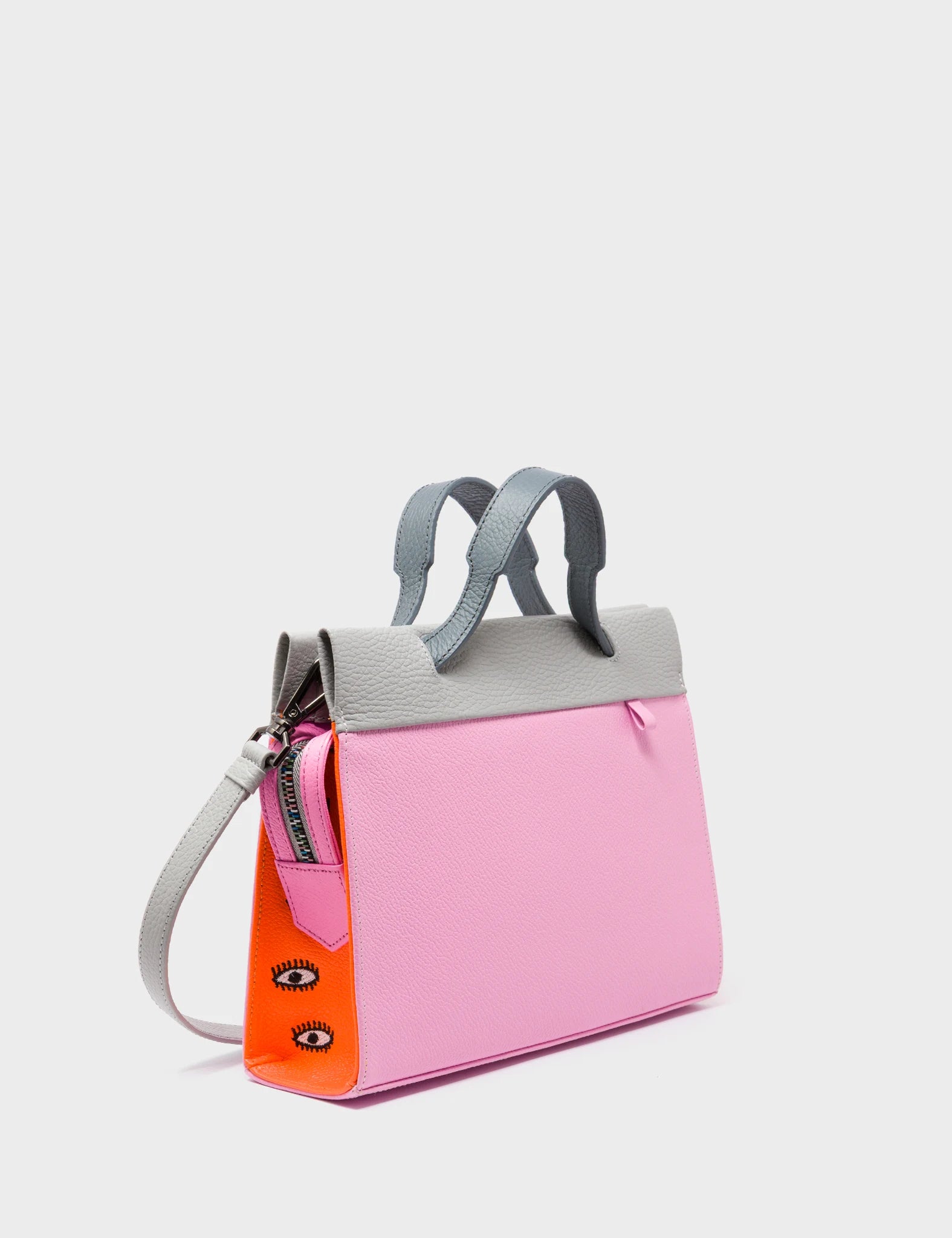 Vali Crossbody Soft Neon Pink and Moonwalk Gray - All Over Eyes Embroidery - Handles View