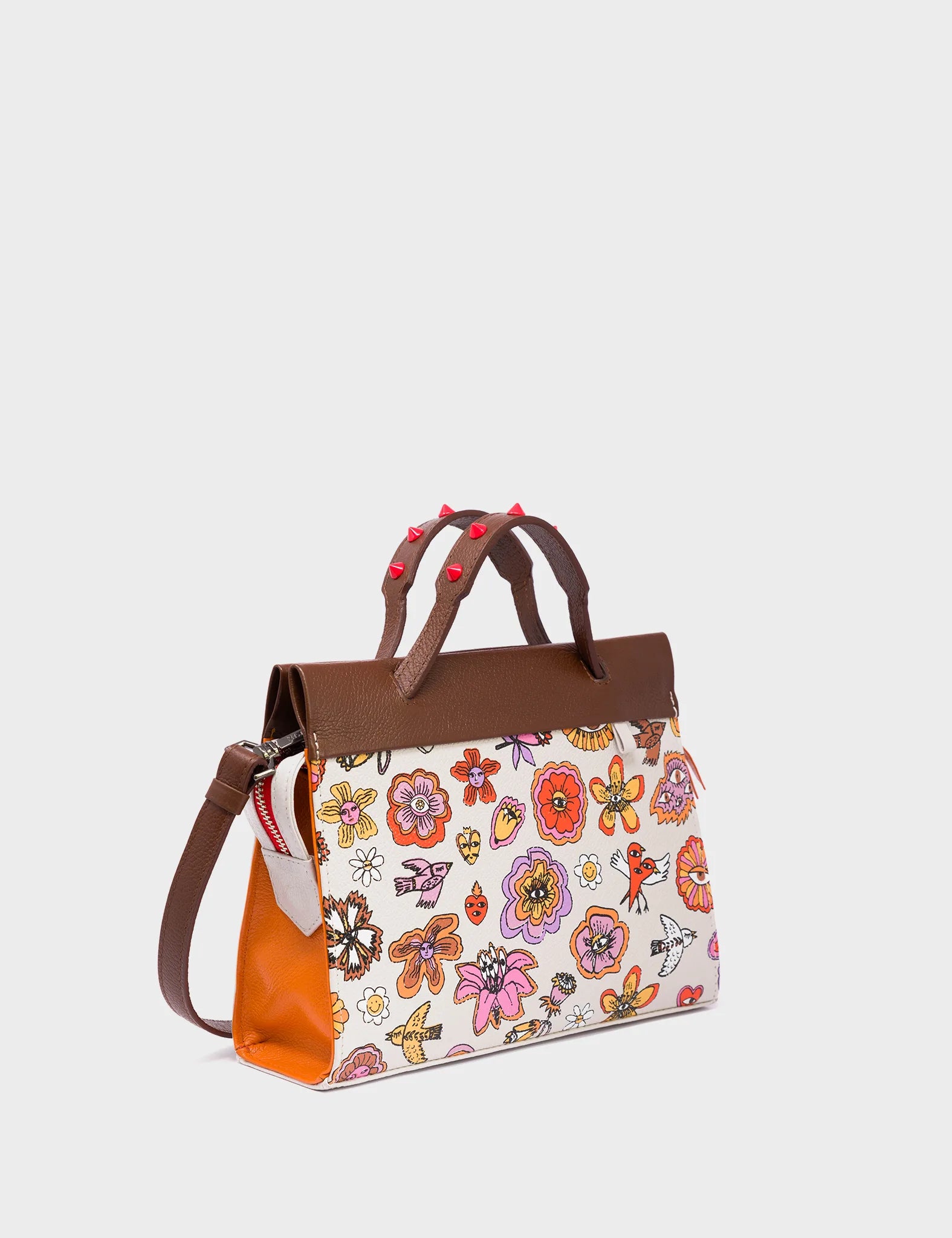 Vali Small Crossbody Cream and Moca Brown Leather Bag - Vintage Bloom Print - Handles View