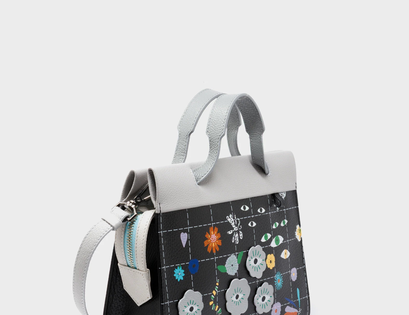 Vali Crossbody Black Leather Bag - Floralia Design - Handles
