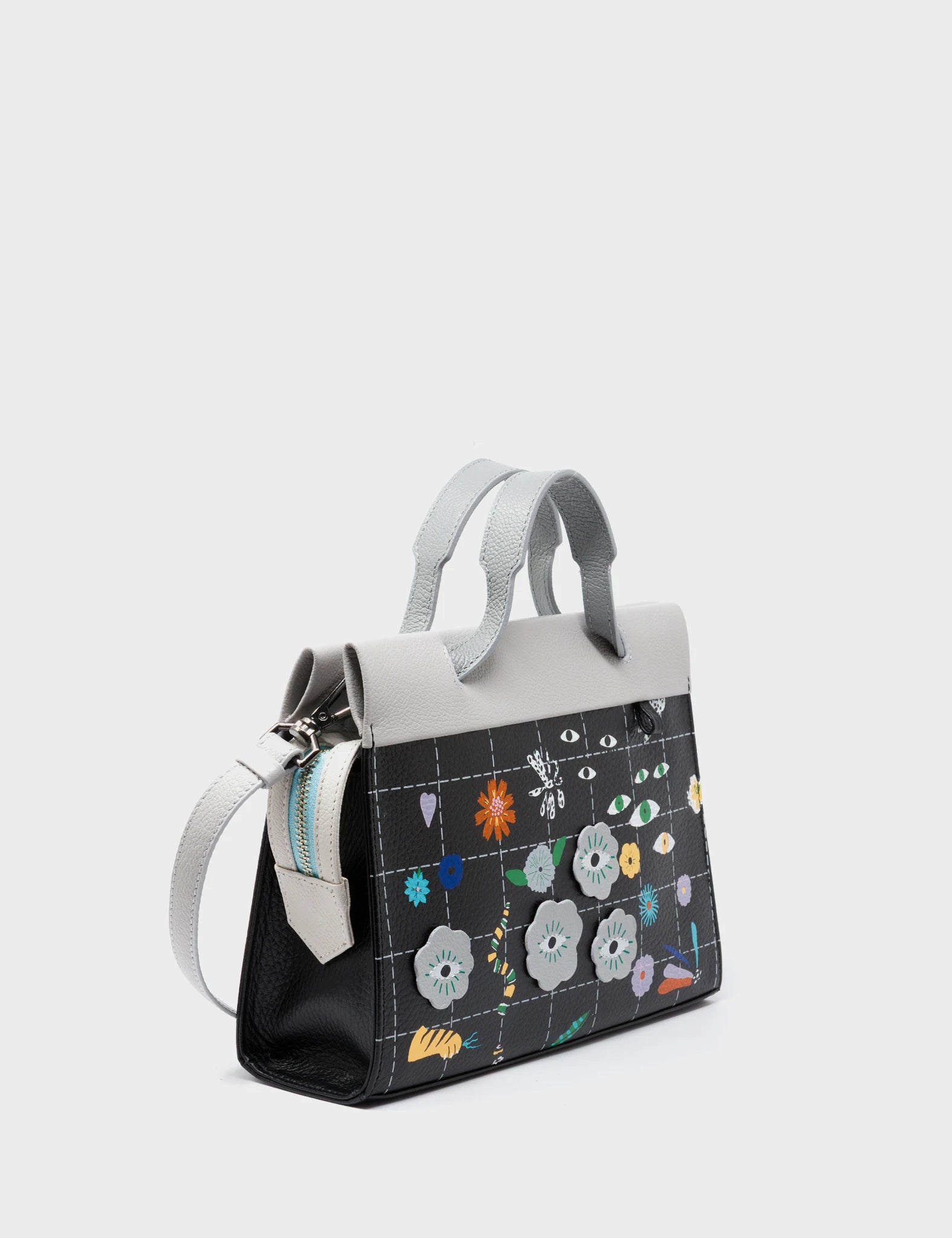 Vali Crossbody Black Leather Bag - Floralia Design - Handles