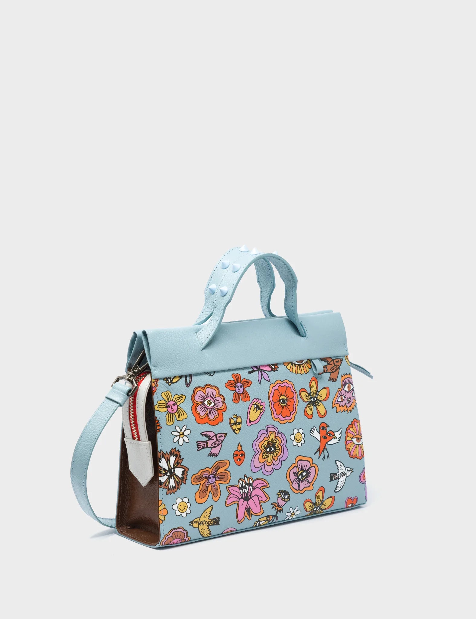 Vali Small Crossbody Sterling Blue and Brown Leather Bag - Floral Vintage Print - Handles View