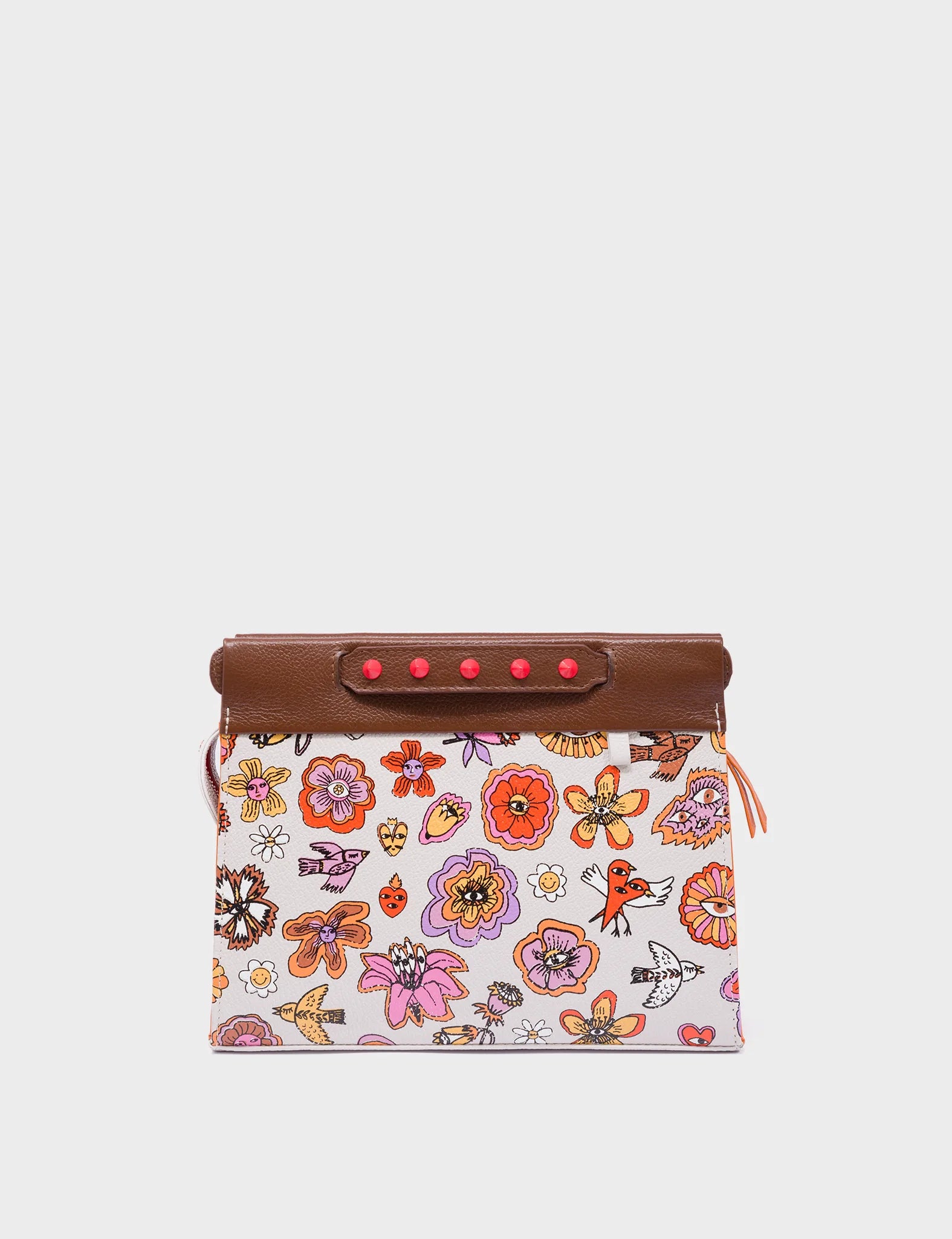 Vali Small Crossbody Cream and Moca Brown Leather Bag - Vintage Bloom Print - Front View