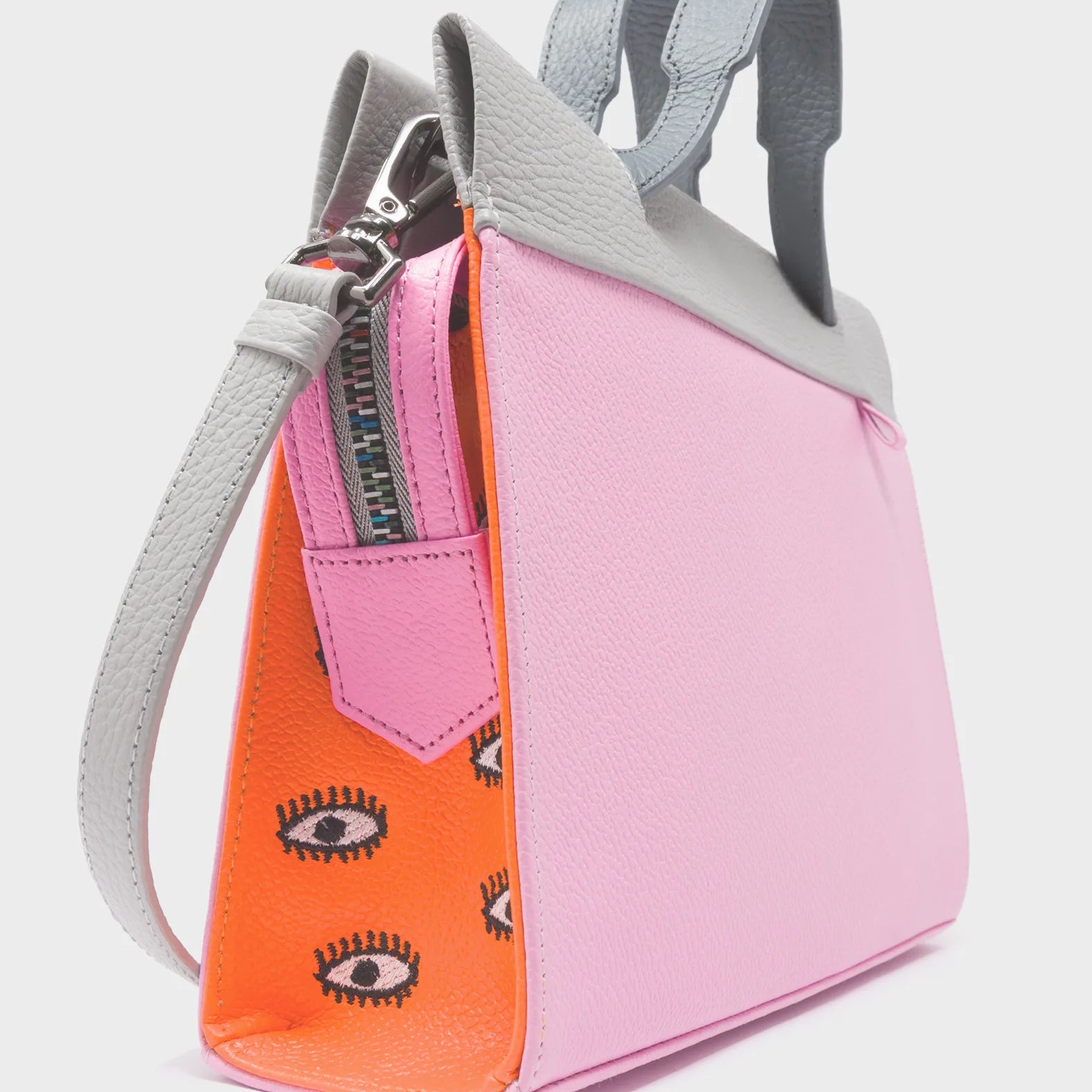 Vali Crossbody Soft Neon Pink and Moonwalk Gray - All Over Eyes Embroidery - Side View