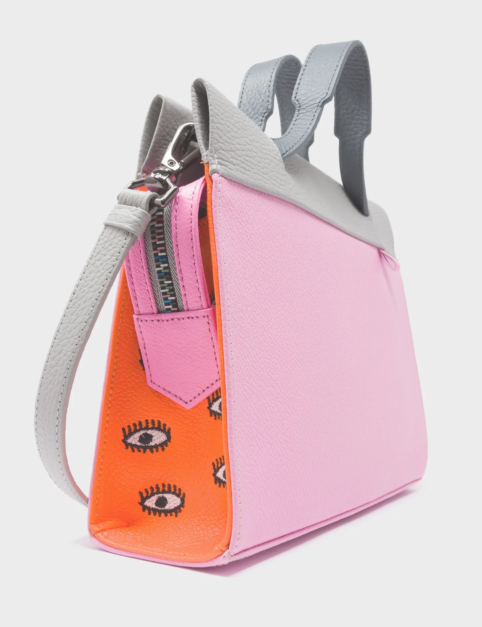 Vali Crossbody Soft Neon Pink and Moonwalk Gray - All Over Eyes Embroidery - Side View